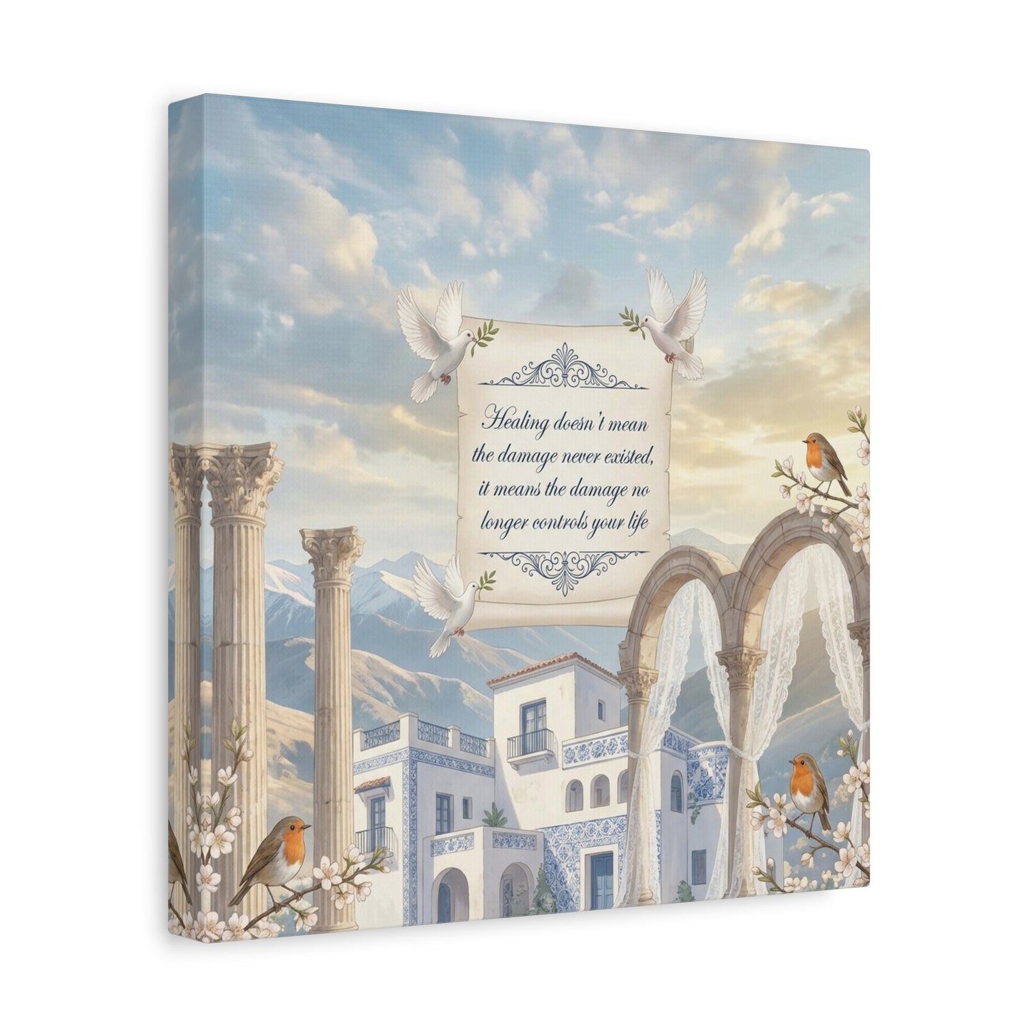 "The Damage No Longer Controls Your Life" Inspirational Canvas Wall Art - Doves, Robins, Classical Arches, Mountain Villa Quote Print - Matte Finish Canvas - Bedroom Home Decoration, Meditation Space