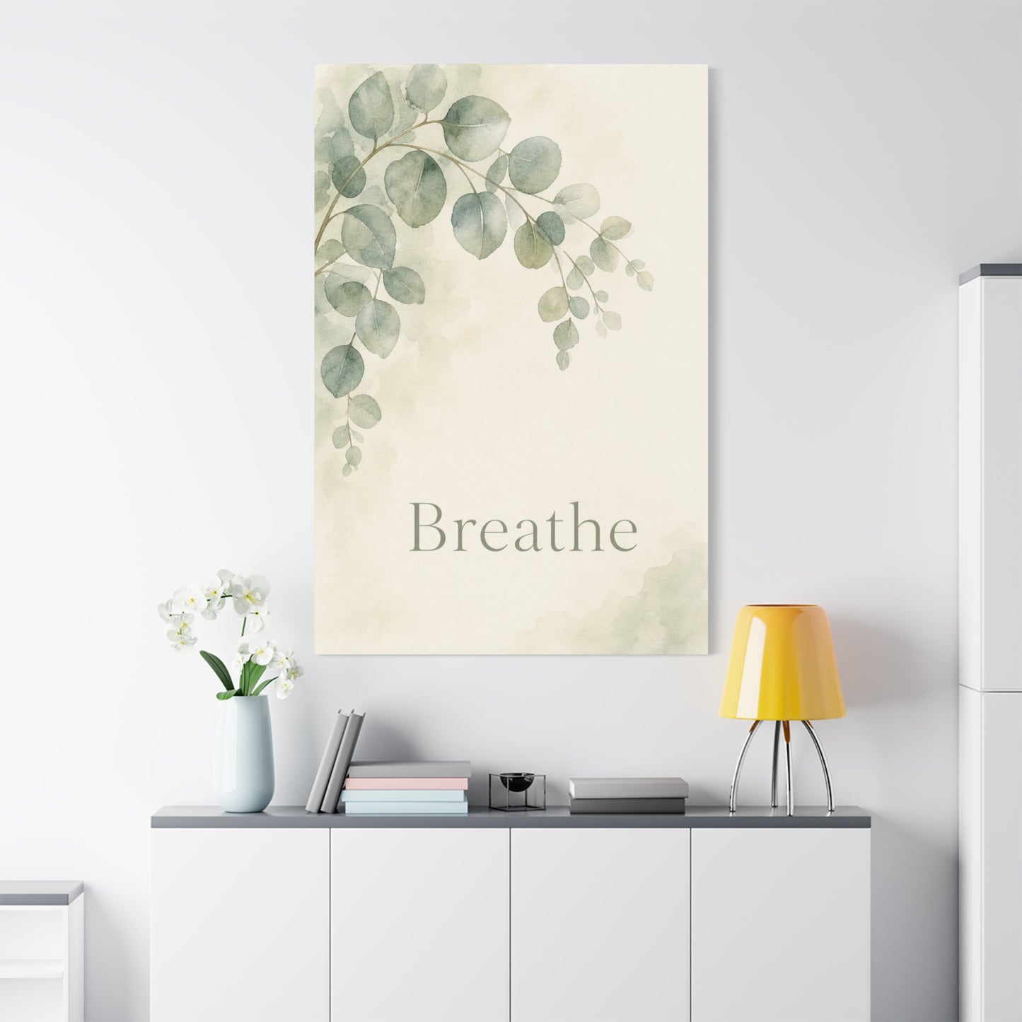 "Breathe" Botanical Canvas Wall Art - Sage Green Eucalyptus Leaves Watercolor Print - Minimalist Inspirational Wall Decor - Bedroom Home Decoration, Meditation Space Accent - Bedroom Home Decoration