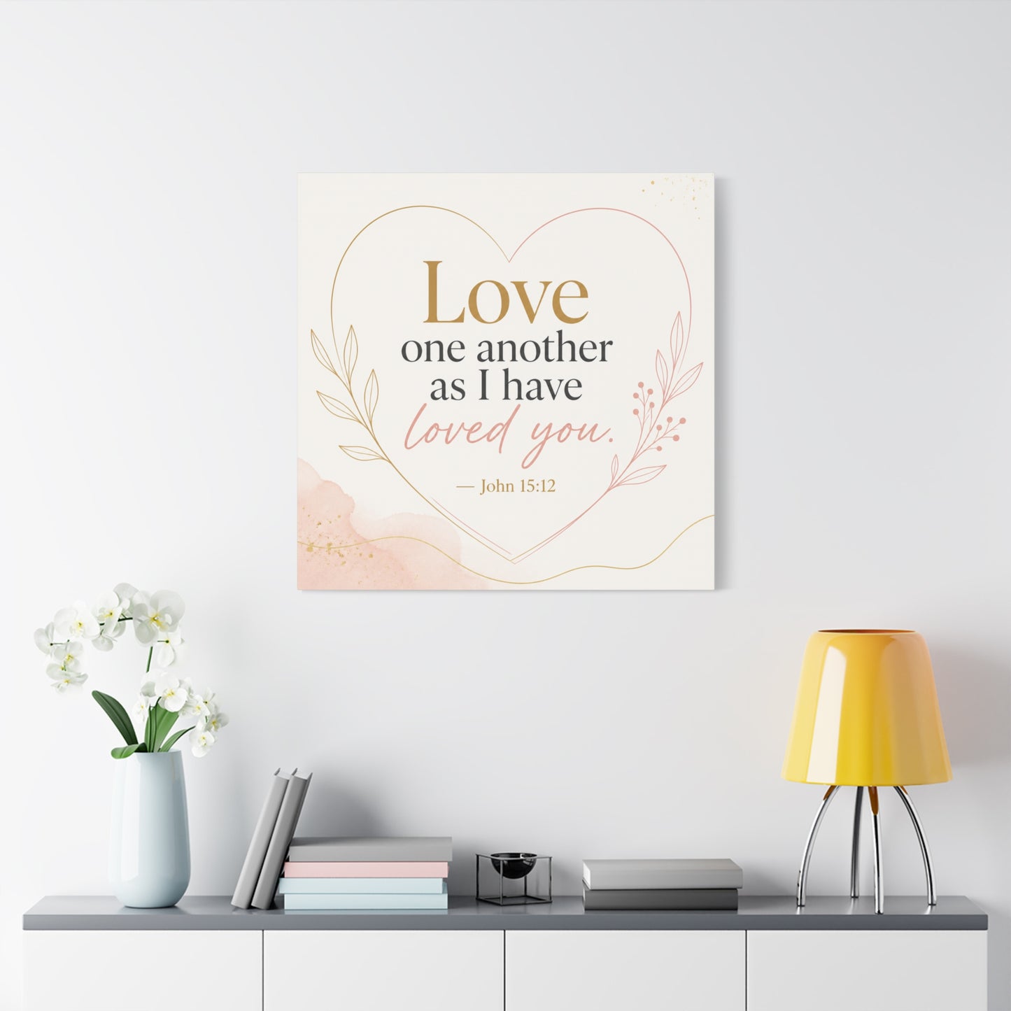 "Love One Another As I Have Loved You. John 15:12" Canvas Wall Art - Christian Scripture Quote, Heart Line Floral Design - Blush Gold Typography - Bedroom Living Room Decor - Living Room Wall Decor