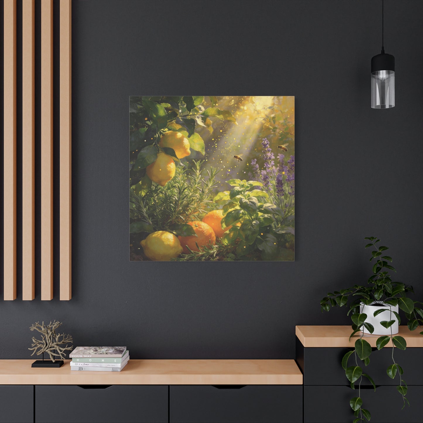 Lemon Herb Garden Canvas Wall Art - Bees, Lavender, Rosemary, Sunlit Botanical Painting - Matte Cotton Print, Rustic Farmhouse Style - Kitchen Wall Decor, Dining Room Accent - Bedroom Home Decoration