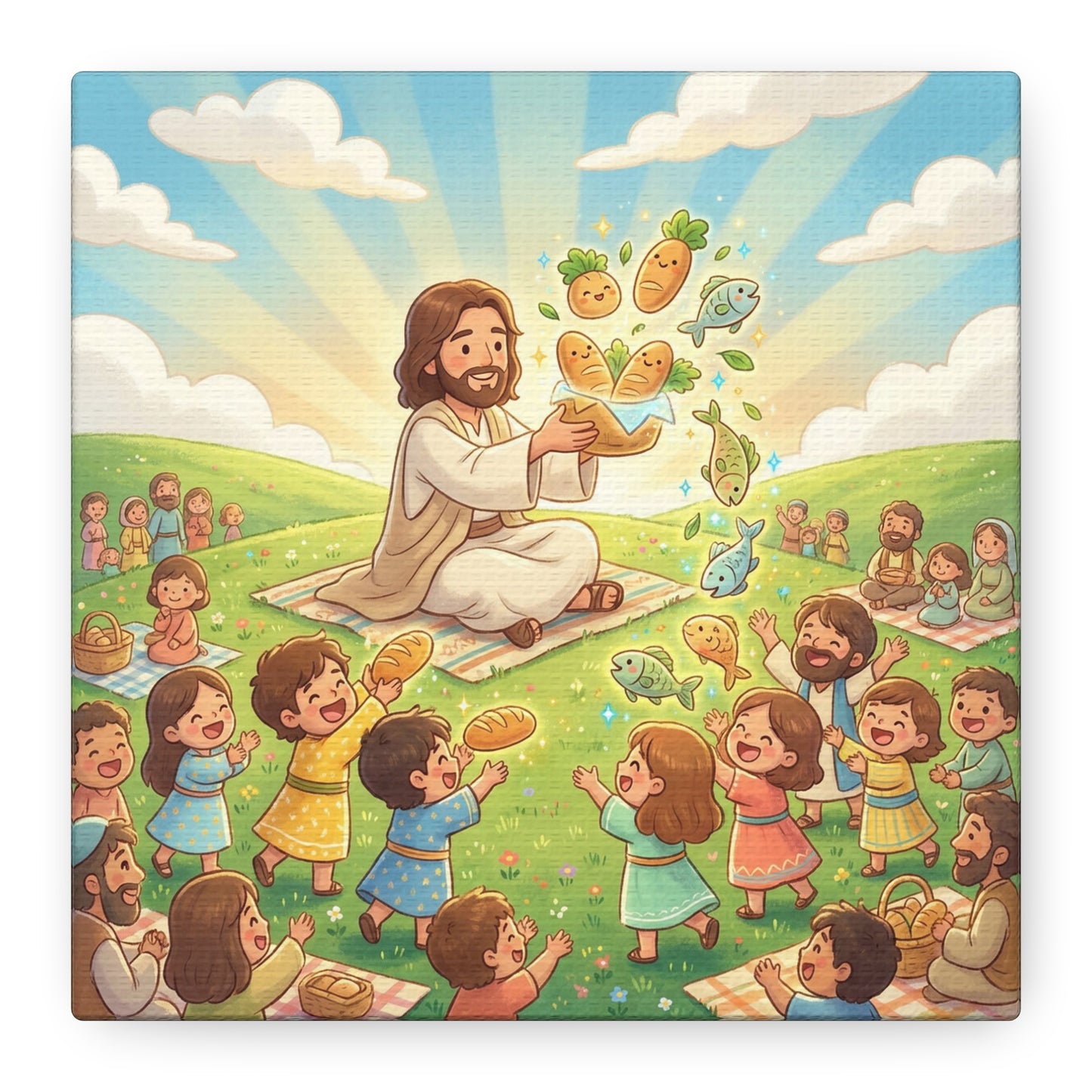 Jesus Feeding Multitude Canvas Wall Art - Loaves And Fish Bible Scene, Christian Nursery Decor - Matte Cotton Print, Kids Room Wall Decor, Sunday School Classroom - Bedroom Home Decoration