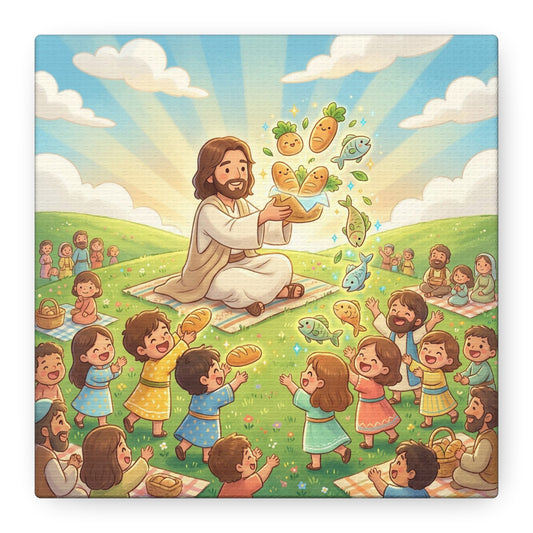 Jesus Feeding Multitude Canvas Wall Art - Loaves And Fish Bible Scene, Christian Nursery Decor - Matte Cotton Print, Kids Room Wall Decor, Sunday School Classroom - Bedroom Home Decoration
