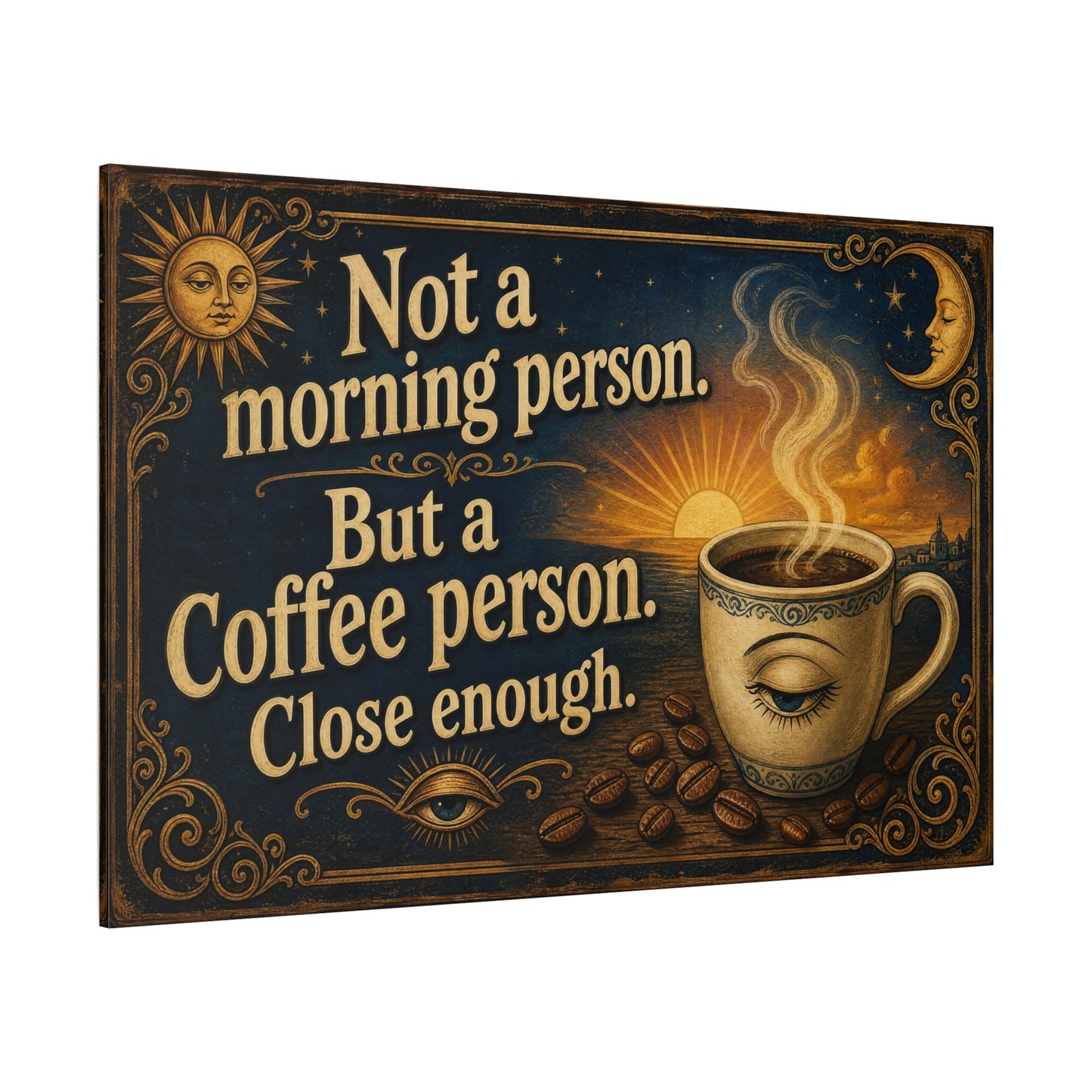 "Not A Morning Person. But A Coffee Person. Close Enough." Canvas Wall Art - Vintage Celestial Coffee Quote Decor, Matte Print - Bohemian Wall Hanging - Ready to Hang - Bistro Decor - HP Latex Print
