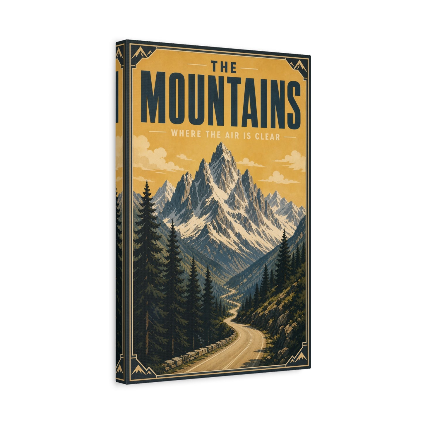 "The Mountains Where The Air Is Clear" Canvas Wall Art - Vintage Mountain Landscape Print, Golden Alpine Road Poster Style, Rustic Cabin Wall Decor - Ready to Hang - Bedroom Home Decoration