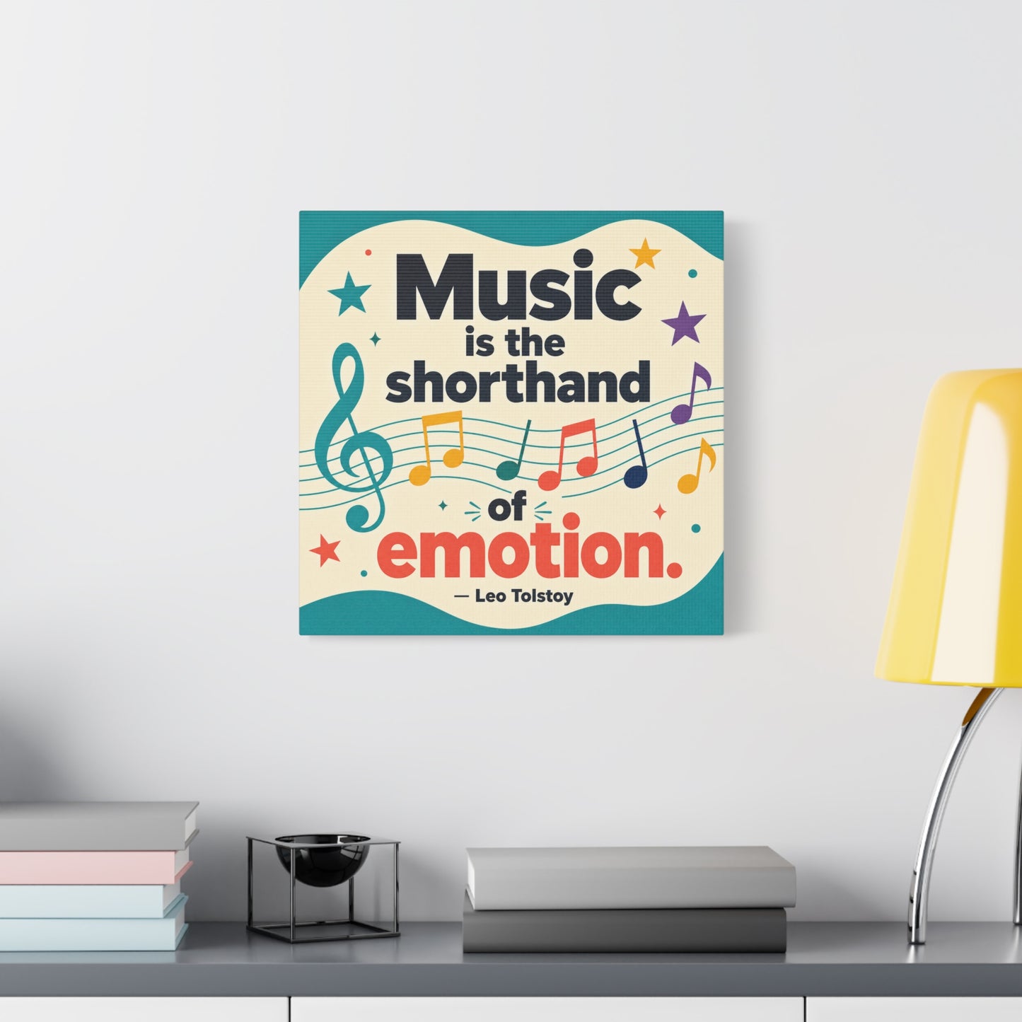 "Music Is The Shorthand Of Emotion." Leo Tolstoy Canvas Wall Art - Colorful Typography Quote Print, Music Teacher Classroom Decor, Kids Room Home Decoration, Modern Wall Hanging - Ready to Hang