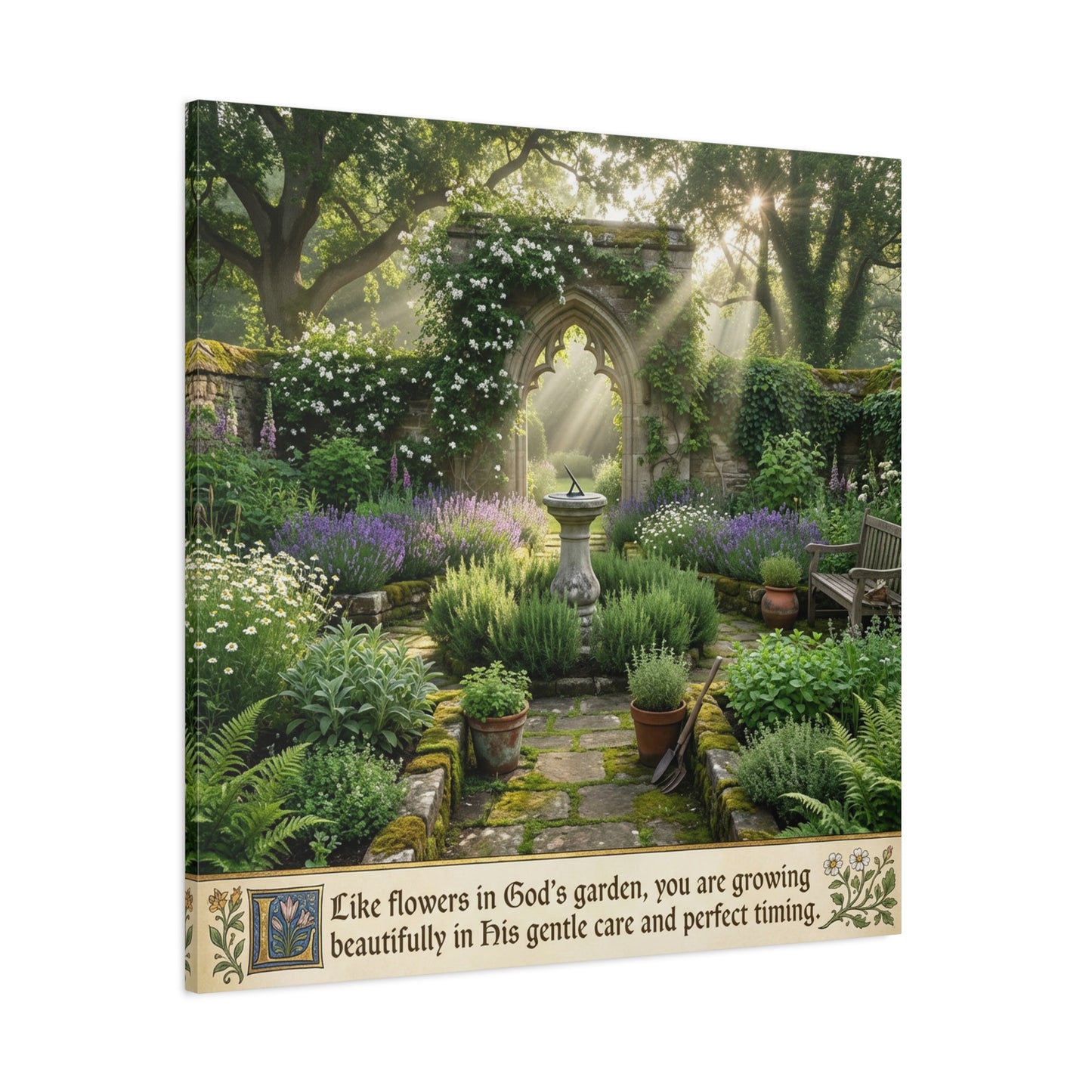 "Like Flowers In God's Garden, You Are Growing Beautifully In His Gentle Care And Divine Timing" Canvas Wall Art - Sunlit Garden Arch, Botanical Landscape Print - Living Room Decor - Office Wall Art