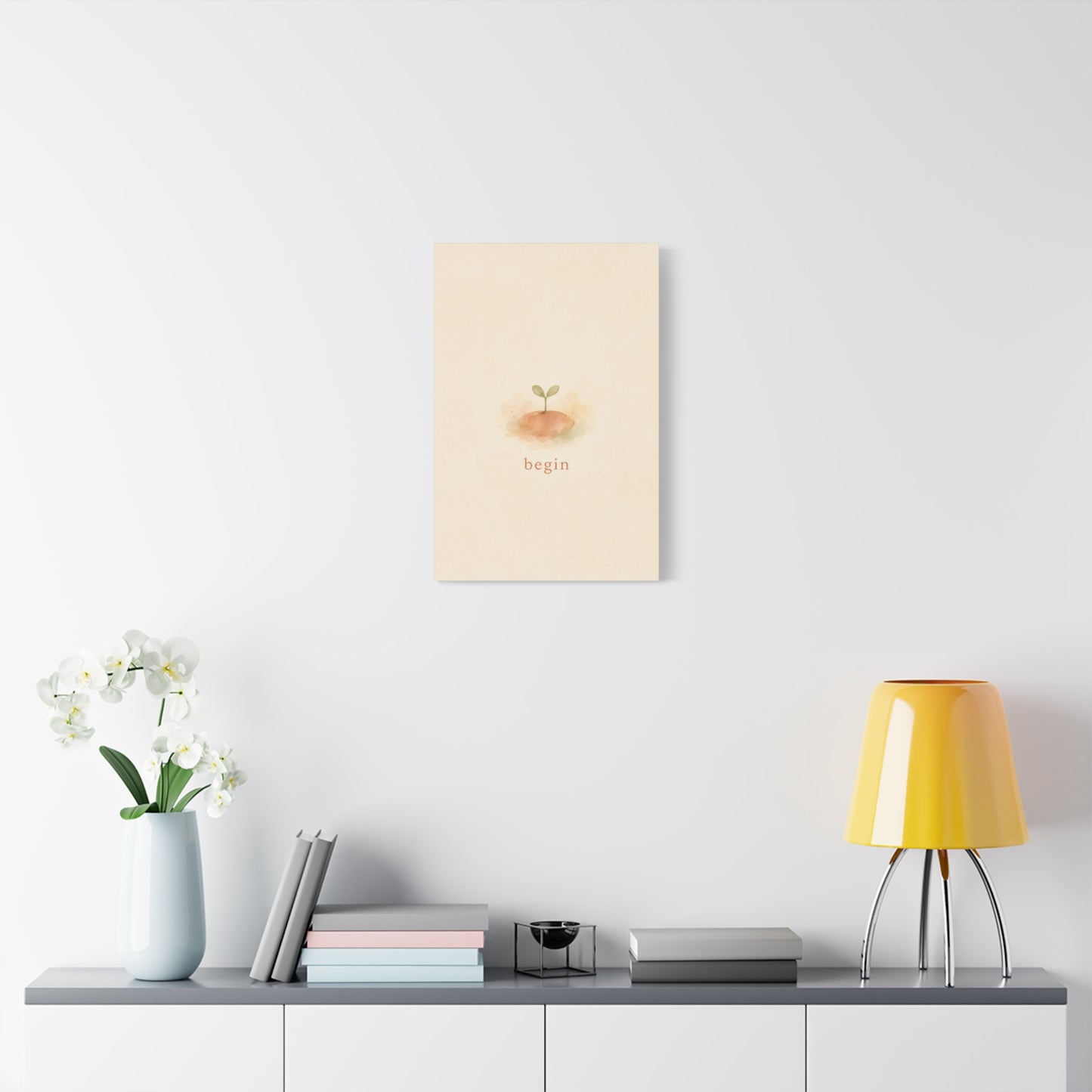 "Begin" Minimalist Sprout Canvas Wall Art - Inspirational Typography Print, Soft Beige Botanical Watercolor - Contemporary Neutral Decor For Bedroom, Nursery, Home Office, Meditation Space