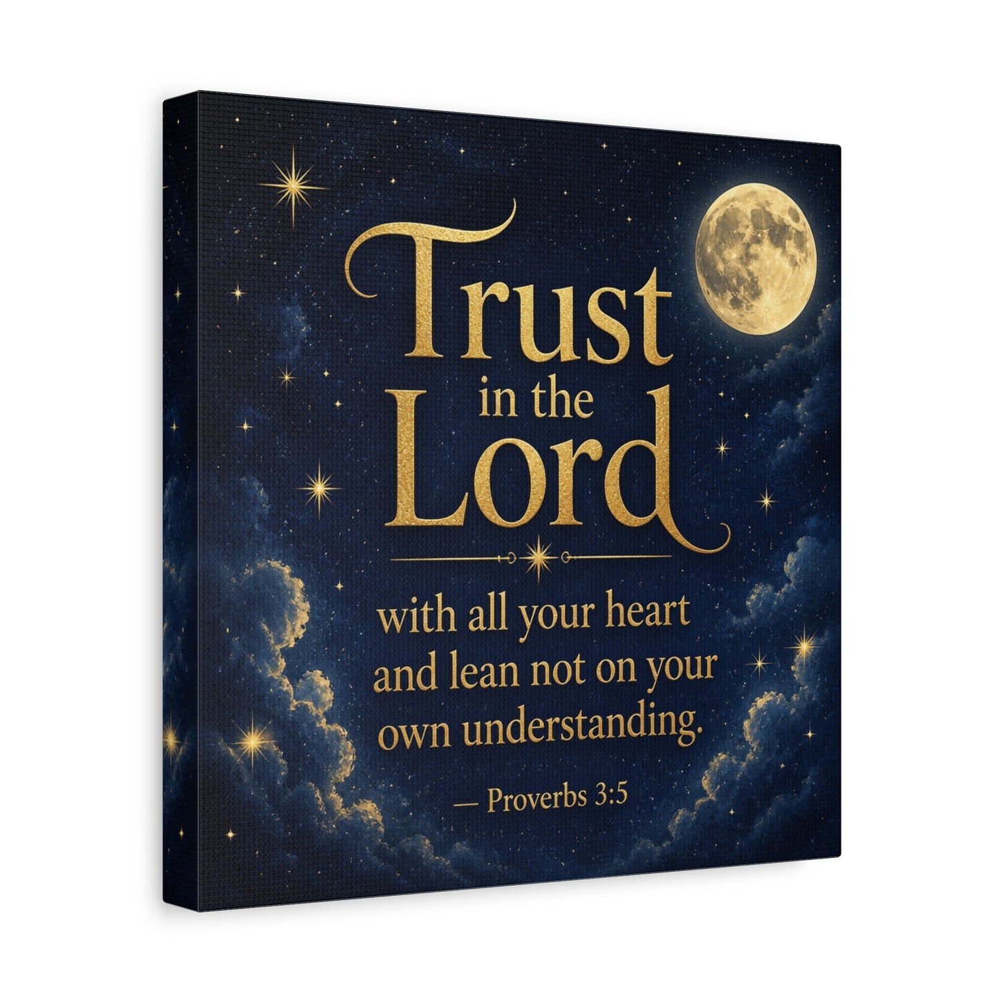"Trust In The Lord" Bible Verse Canvas Wall Art - Moonlit Scripture Quote, Gold Typography, Christian Wall Decor - Traditional Night Sky Design - Bedroom Living Room Decoration - Ready to Hang
