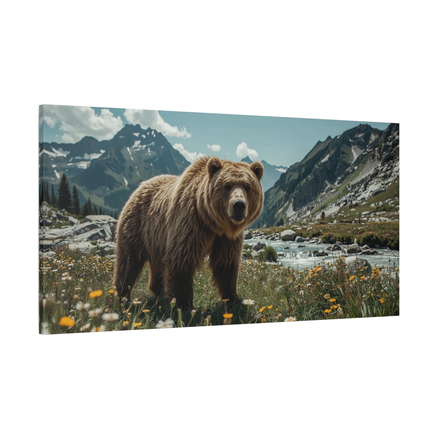 Grizzly Bear Canvas Wall Art - Alpine Mountain Meadow Wildlife Art Print - Rustic Nature Decor, Cotton Canvas - Living Room Wall Decor, Lodge Bedroom Home Decoration - Bedroom Home Decoration