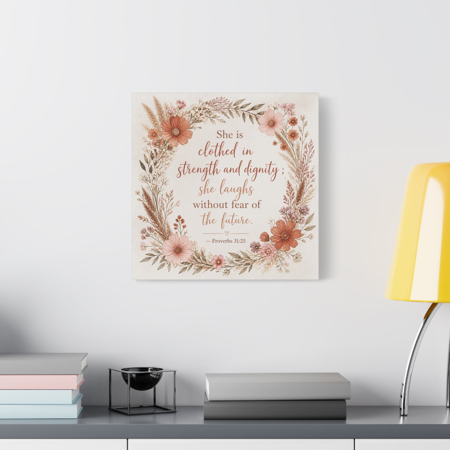 "She Is Clothed In Strength And Dignity" Floral Canvas Wall Art - Proverbs 31:25 Scripture Quote, Blush Wildflower Wreath, Farmhouse Style, Bedroom Wall Decor - Bedroom Home Decoration - Ready to Hang
