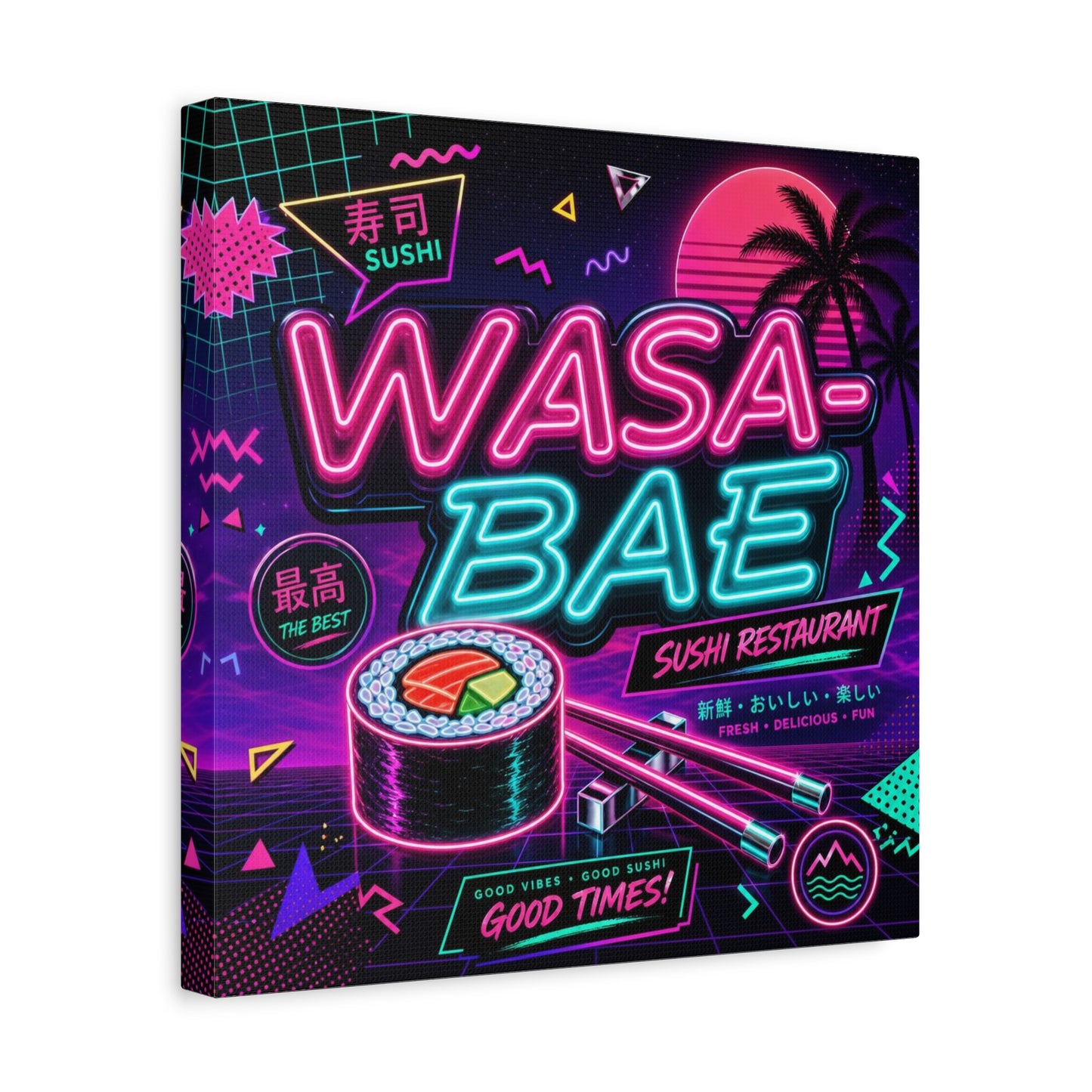 "WASA-BAE" Sushi Canvas Print - Neon Japanese Restaurant Sign, Retro Vaporwave Illustration - Matte Cotton Decor, Cafe Wall Accent, Dining Space Artwork, Lounge Interior Style - Office Wall Art