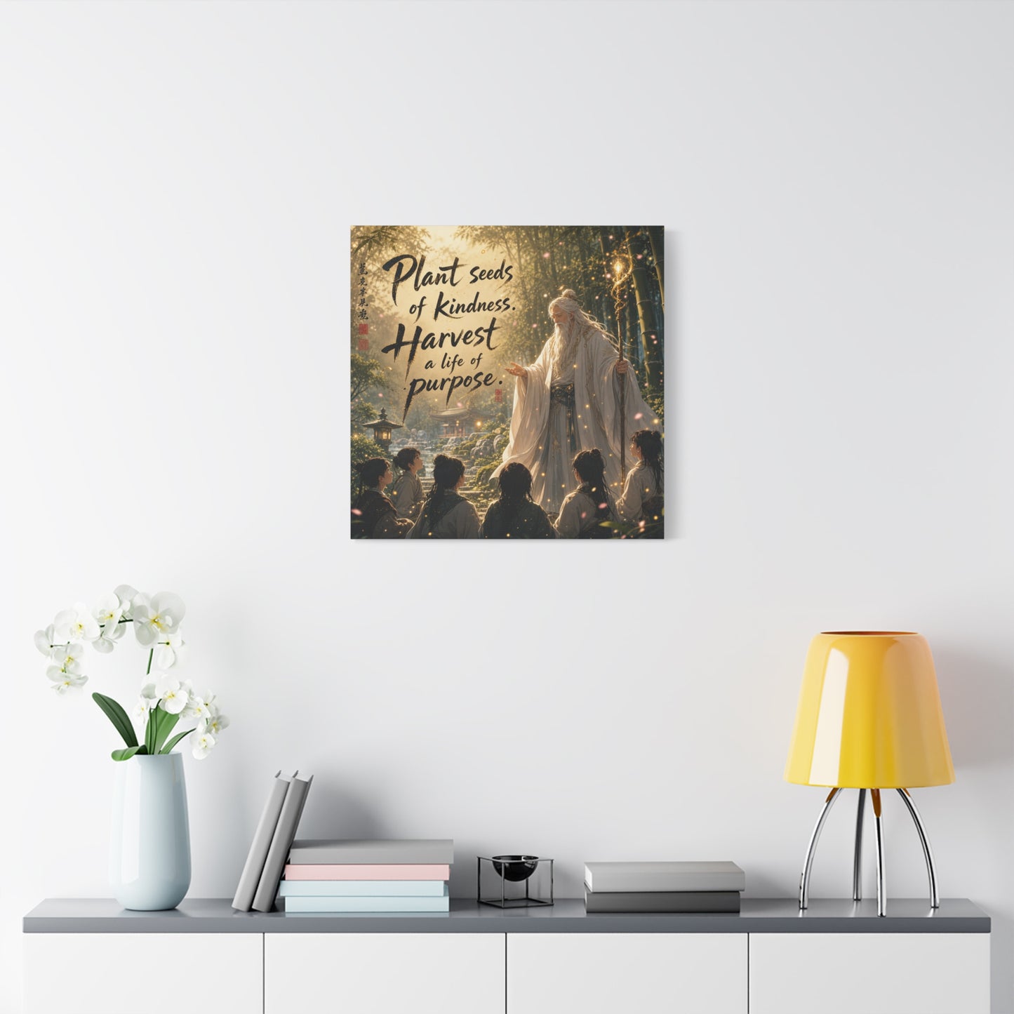 "Plant Seeds Of Kindness. Harvest A Life Of Purpose." Zen Canvas Wall Art - Wise Elder In Bamboo Garden, Inspirational Typography Print - Traditional Style, Bedroom Meditation Decor - Office Wall Art