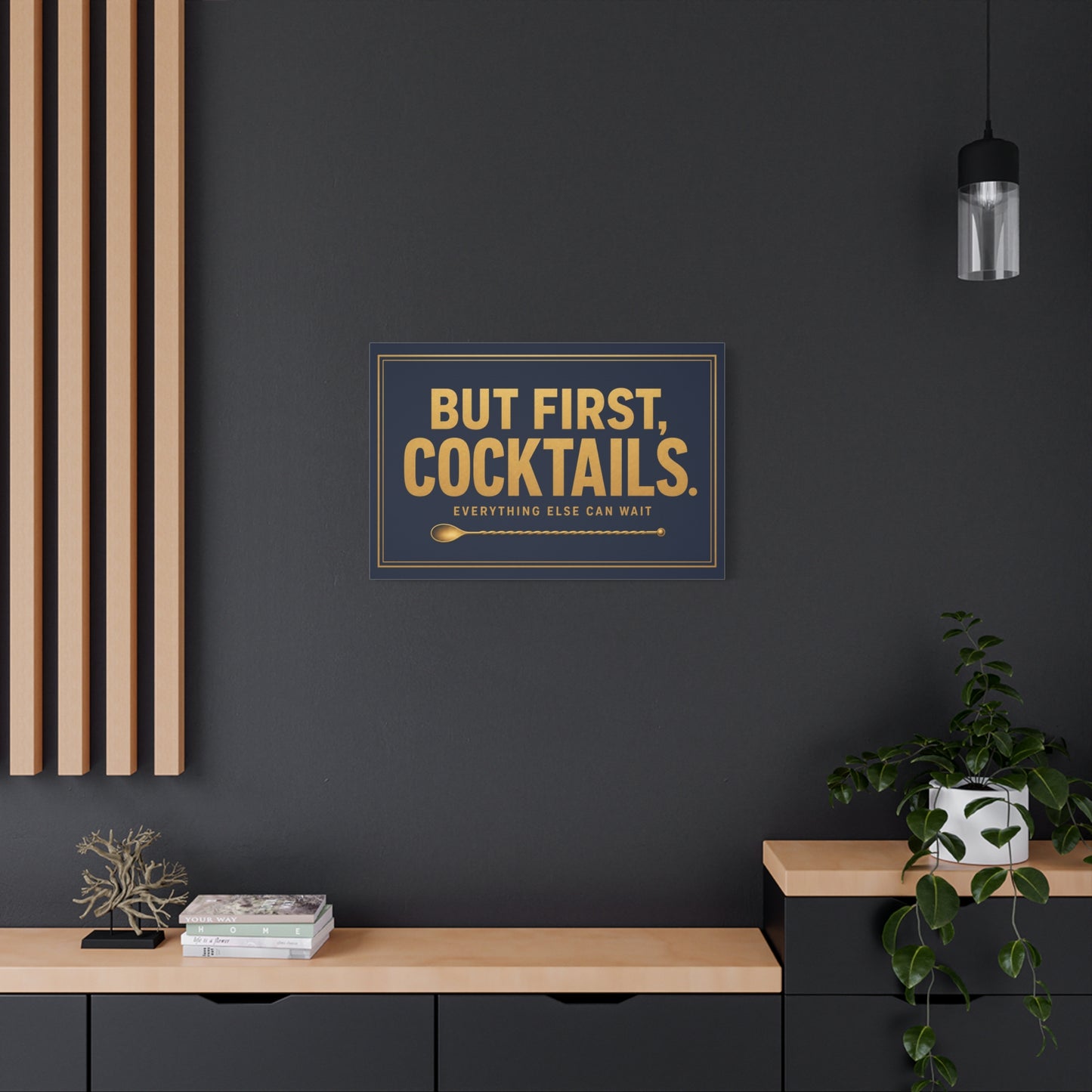 "But First, Cocktails. Everything Else Can Wait" Canvas Wall Art - Navy And Gold Typography Bar Decor - Modern Cocktail Lounge Print - Ready to Hang