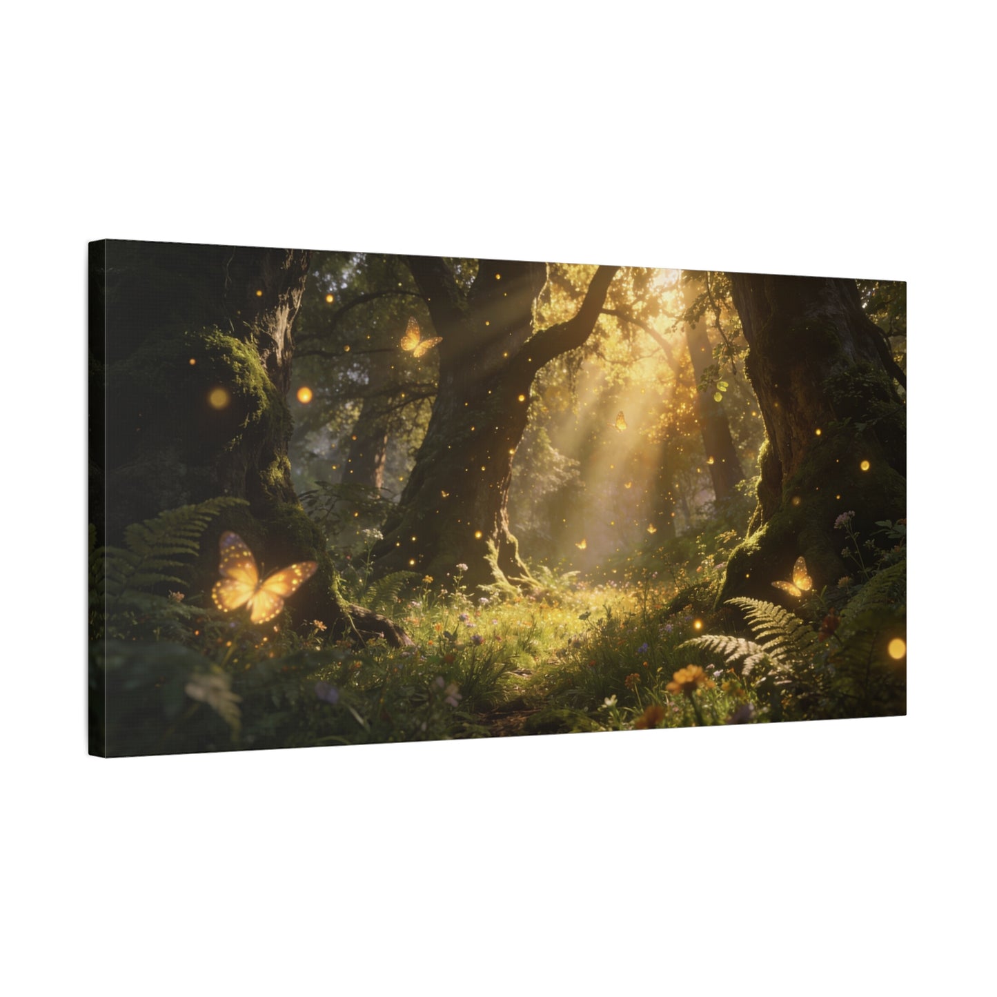 Enchanted Forest Canvas Wall Art - Sunlit Butterflies, Woodland Glade Scene - Matte Cotton Canvas Print - Fantasy Nature Style - Living Room Wall Decor, Bedroom Home Decoration - Cozy Reading Nook Art