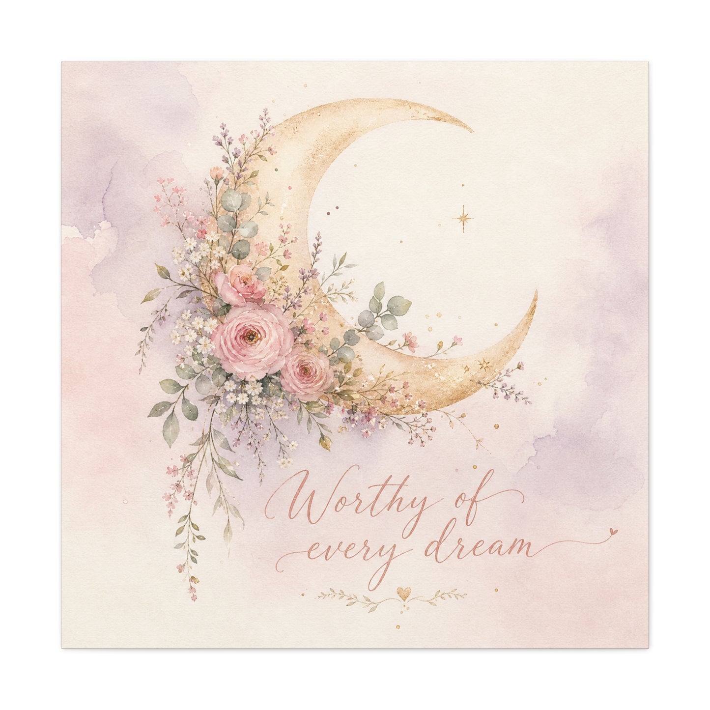 "Worthy Of Every Dream" Moon Canvas Wall Art - Floral Crescent, Inspirational Blush Gold Watercolor - Bohemian Bedroom Wall Decor - Nursery Home Decoration - Bedroom Home Decoration - Ready to Hang