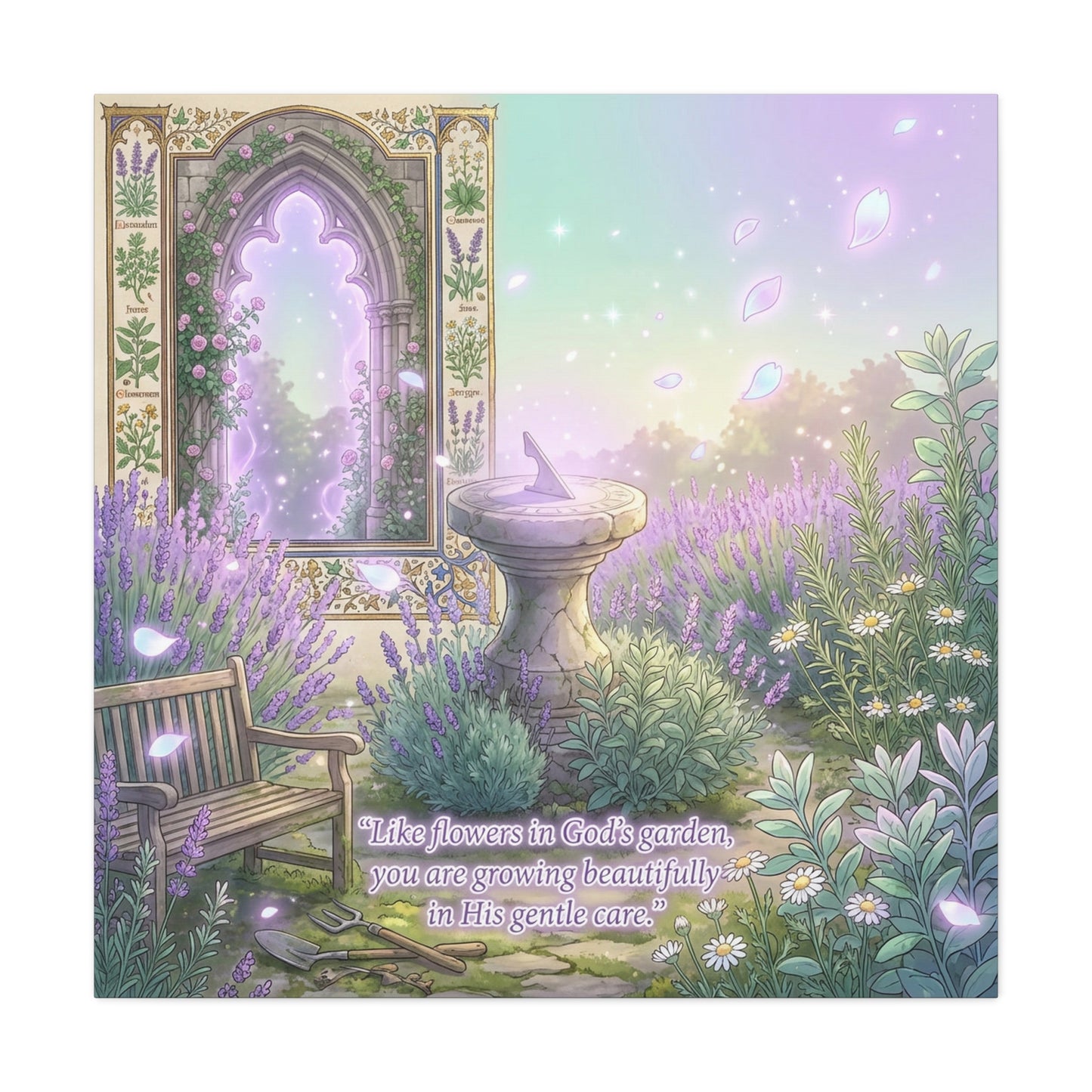 "Like Flowers In God's Garden, You Are Growing Beautifully In His Gentle Care" Canvas Wall Art - Lavender Garden Arch, Sundial Bench - Pastel Botanical Decor For Bedroom Living Room - Office Wall Art
