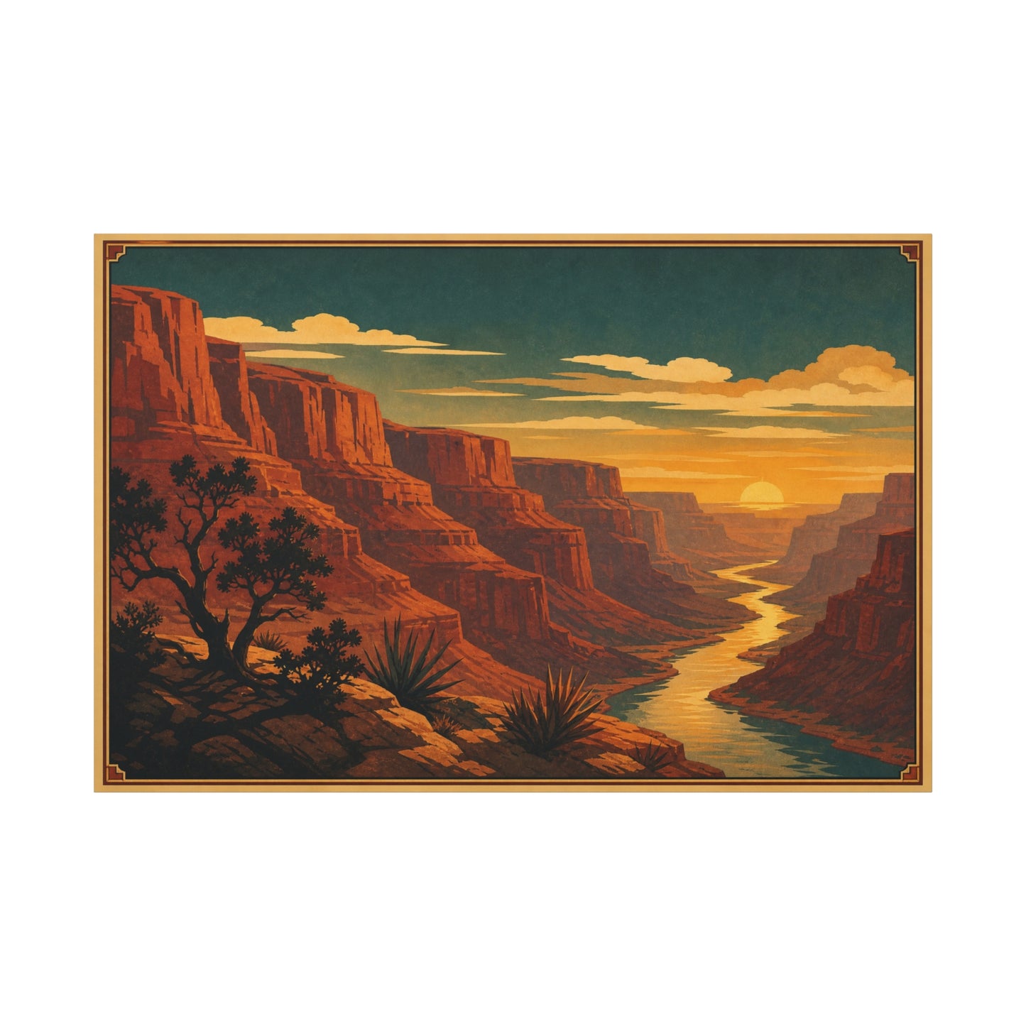 Desert Canyon Sunset Canvas Wall Art - Southwestern River Landscape Print, Vintage Travel Style - Golden Sky, Rustic Home Decor, Living Room Decoration - Ready to Hang - Living Room Wall Decor