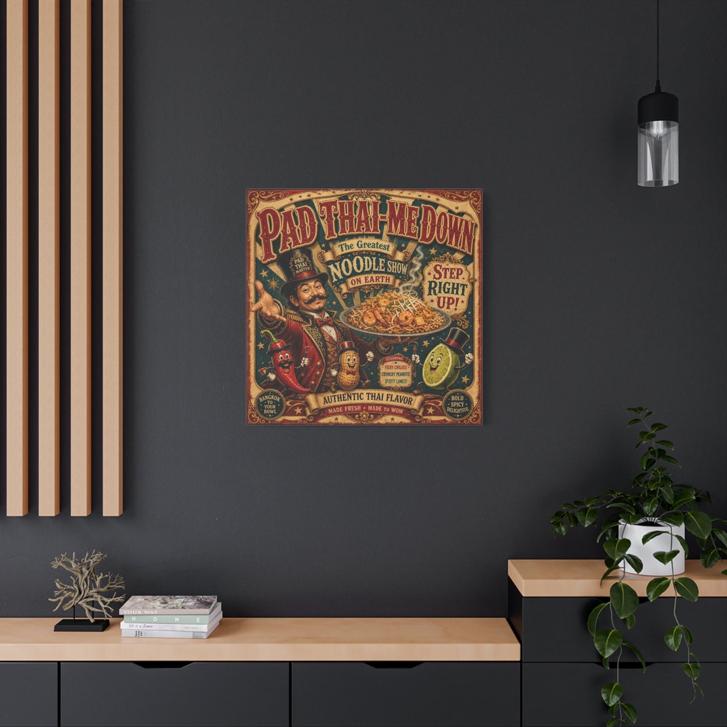 "Pad Thai-Me Down" Canvas Wall Art - Vintage Circus Noodle Poster, Typography Illustration, Whimsical Restaurant Decor, Cafe Wall Decor, Retro Kitchen Accent, Matte Canvas Print - Ready to Hang