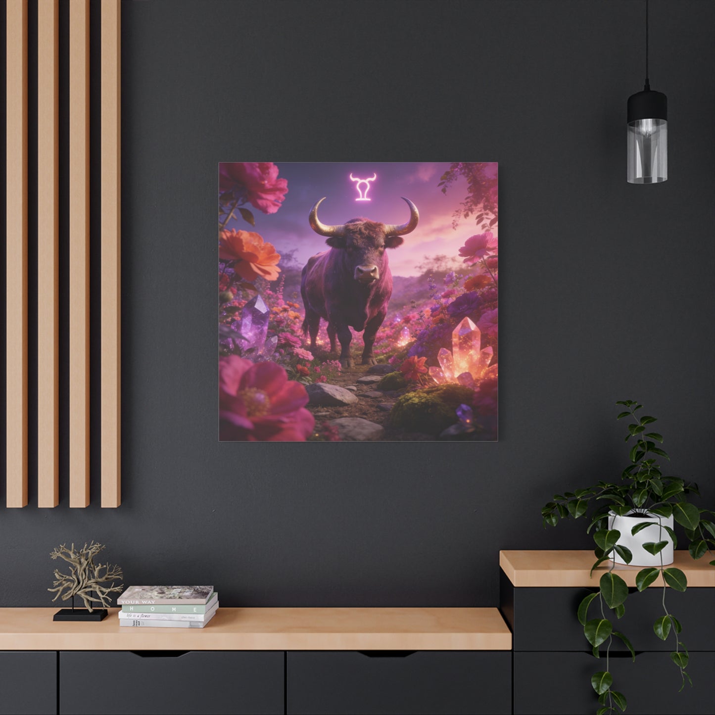 Taurus Zodiac Bull Canvas Wall Art - Neon Taurus Symbol, Floral Crystal Fantasy Print - Dreamy Purple Pink Celestial Decor - Bedroom Home Decoration, Bohemian Living Room Accent - Office Wall Art