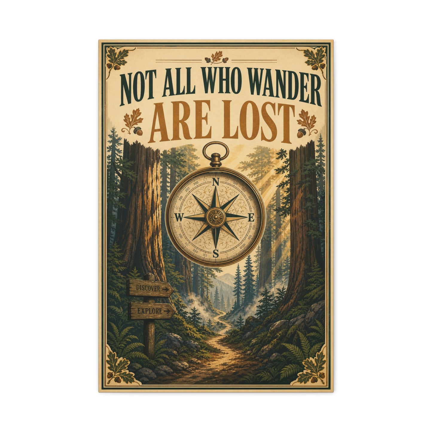"Not All Who Wander Are Lost" Canvas Wall Art - Forest Compass Quote Print, Vintage Rustic Adventure Decor, Wanderlust Typography Poster Style, Living Room Bedroom Office - Living Room Wall Decor