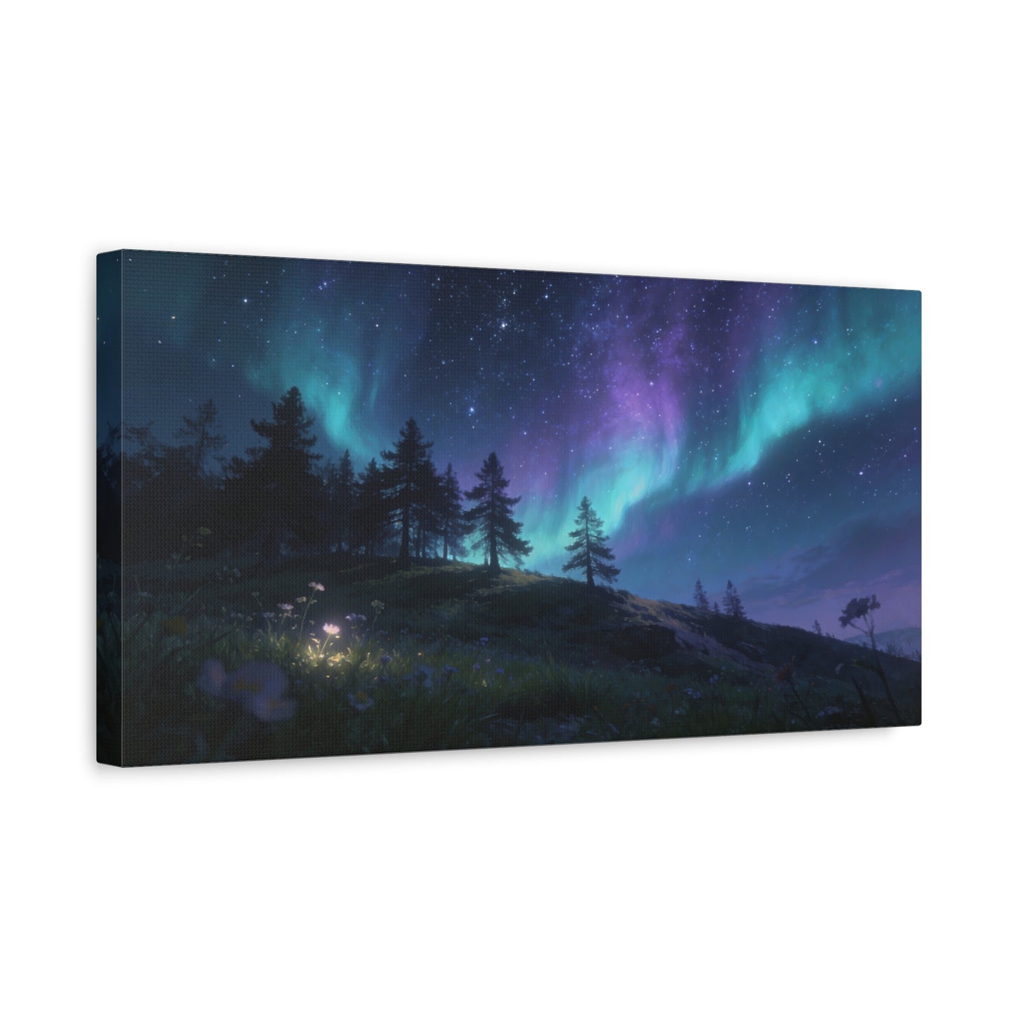 Northern Lights Canvas Wall Art - Aurora Borealis Night Sky Landscape Print, Starry Forest Meadow, Calming Contemporary Decor - Living Room Wall Decor, Bedroom Home Decoration - Modern Farmhouse Style