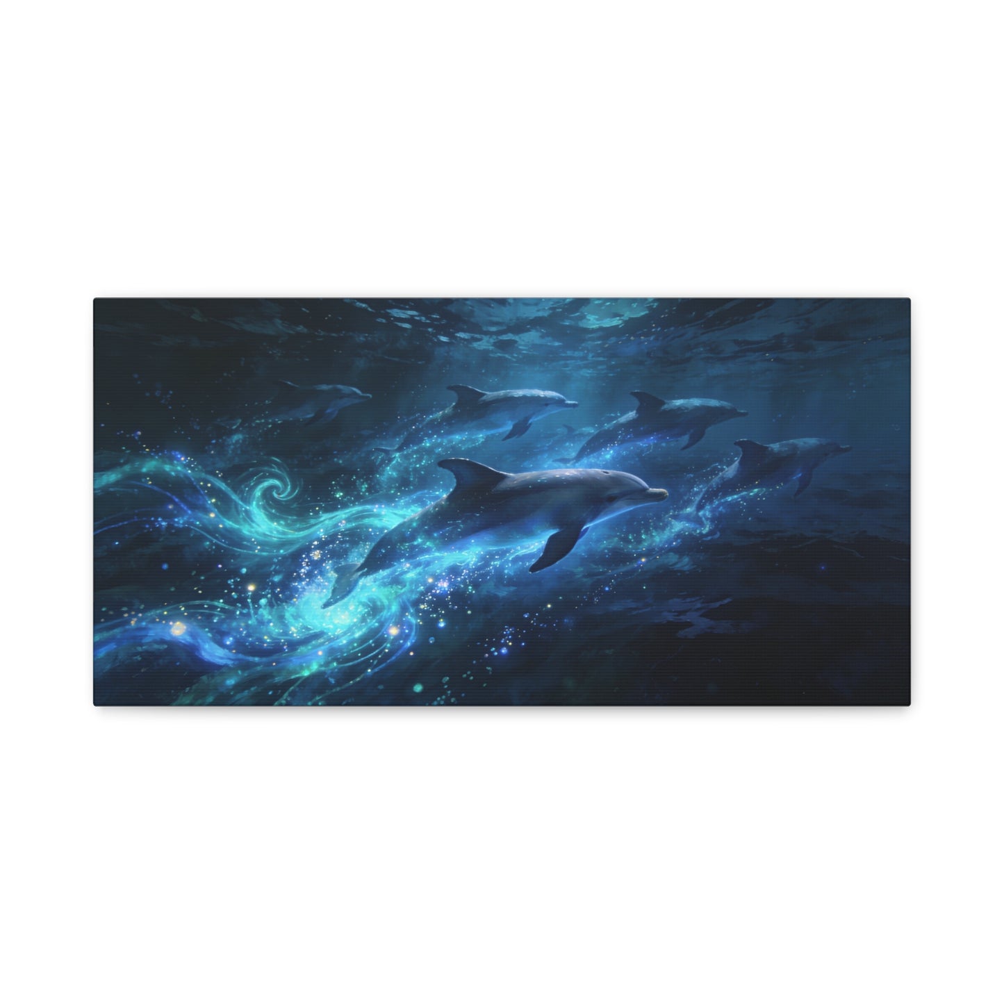 Dolphin Pod Canvas Wall Art - Glowing Underwater Ocean Scene, Blue Fantasy Marine Print - Matte Cotton Artwork - Coastal Style Living Room Wall Decor, Bedroom Home Decoration - Bedroom Home Decoration