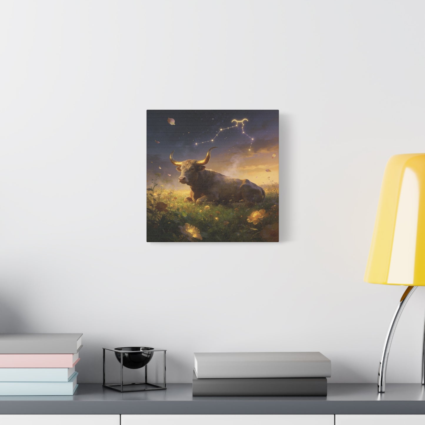 Taurus Zodiac Bull Canvas Wall Art - Celestial Constellation Night Meadow, Golden Horns, Dreamy Illustration - Matte Cotton Print - Bedroom Home Decoration, Office Wall Decor - Bedroom Home Decoration
