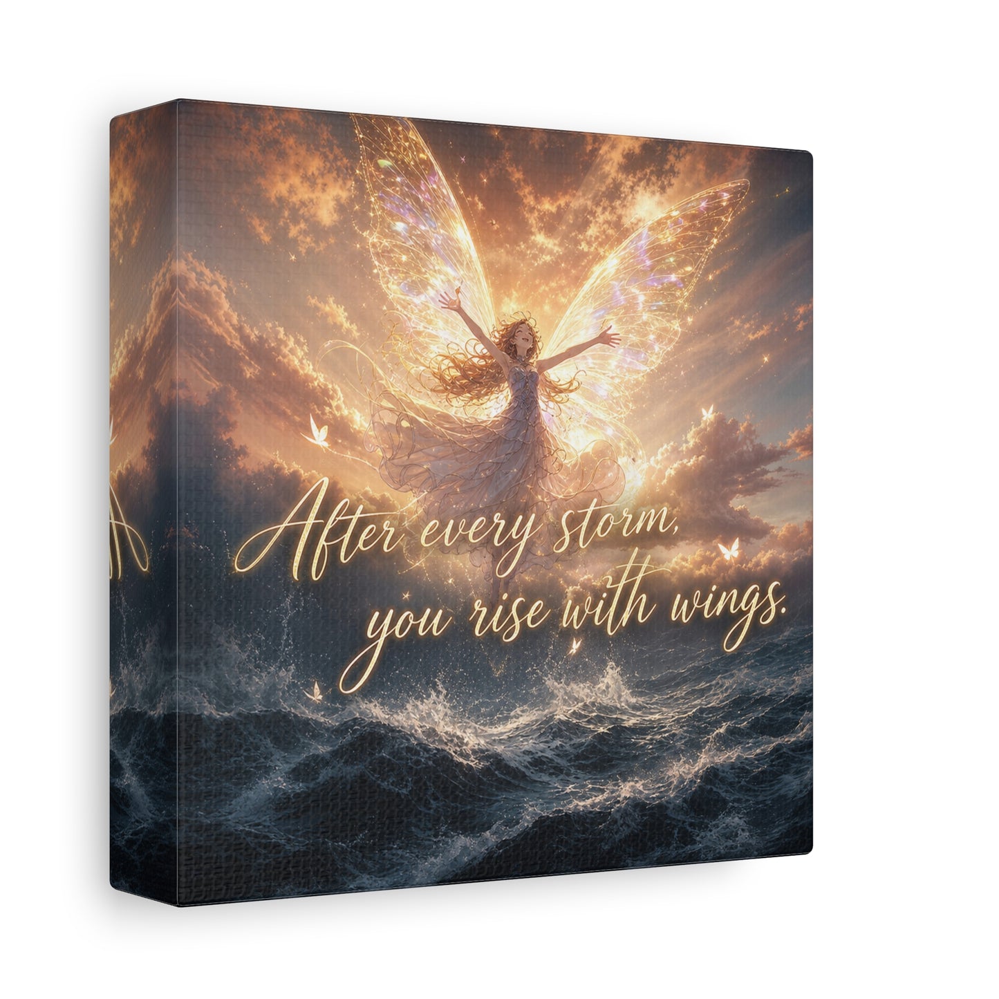 "After Every Storm, You Rise With Wings." Fairy Canvas Wall Art - Inspirational Ocean Sky Quote Print - Golden Ethereal Fantasy Decor - Bedroom Wall Hanging, Living Room Accent - Ready to Hang
