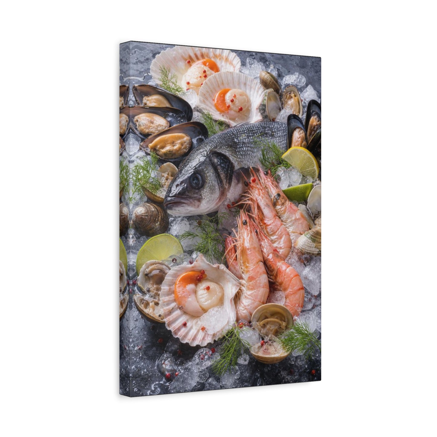 Seafood Still Life Canvas Wall Art - Fish, Shrimp, Scallops On Ice Food Print - Coastal Kitchen Decor, Dining Room Wall Decor, Contemporary Home Decoration, Matte Canvas Print - Modern Farmhouse Style
