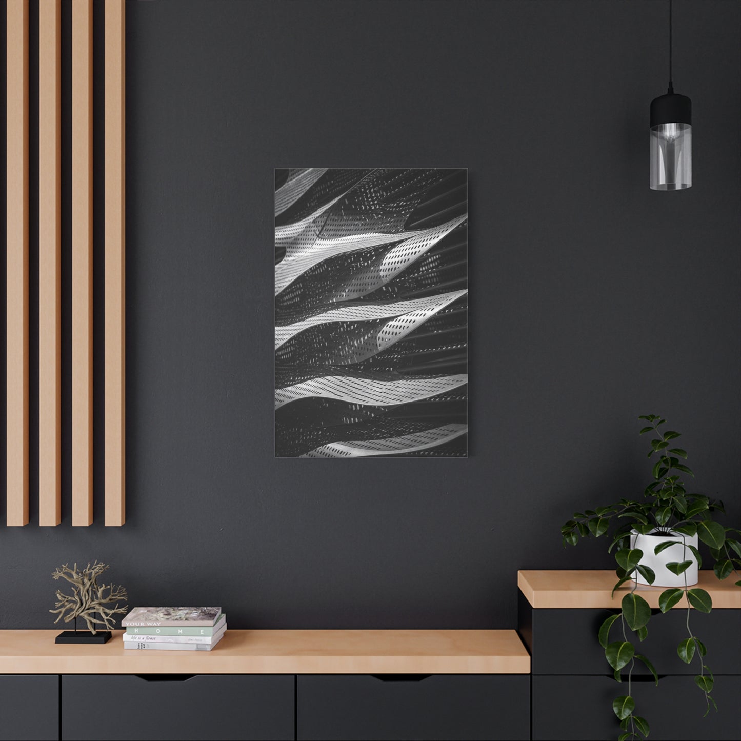 Abstract Black White Metal Wave Canvas Wall Art - Geometric Architectural Art Print - Modern Minimalist Decor - Living Room Wall Decor, Office Art, Contemporary Interior Design - Ready to Hang
