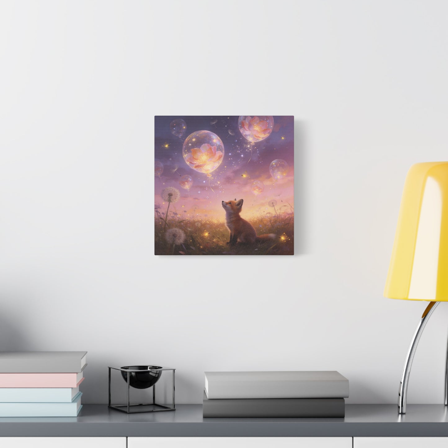 Fox Canvas Wall Art - Whimsical Fox Under Floral Balloons, Dreamy Twilight Meadow Canvas Print - Pastel Fantasy Style, Living Room Wall Decor, Bedroom Home Decoration - Bedroom Home Decoration