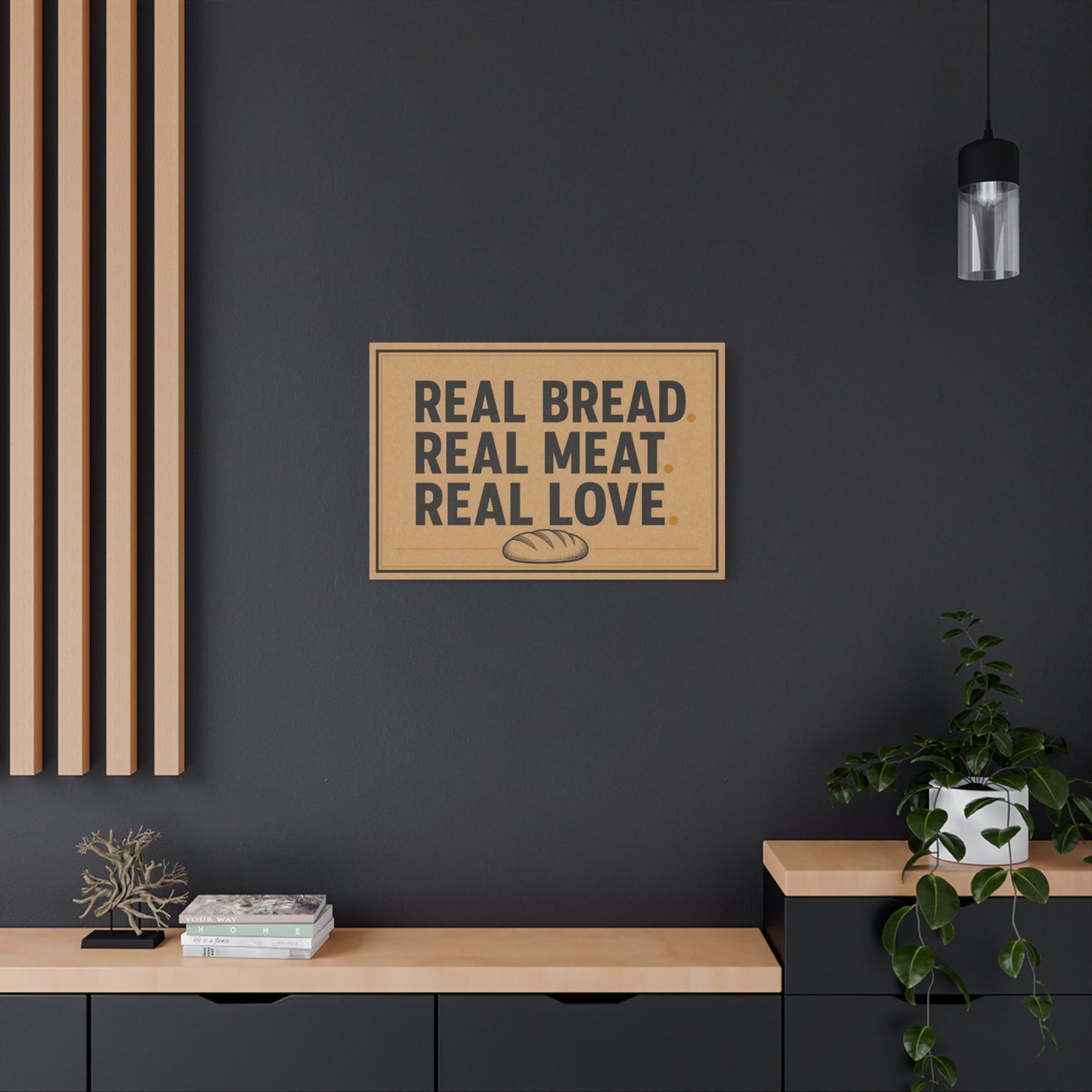 "Real Bread. Real Meat. Real Love." Canvas Wall Art - Rustic Typography Food Sign - Farmhouse Neutral Canvas Print - Bakery Style - Ready to Hang - Deli Wall Decor - Sandwich Shop Sign - Diner Decor
