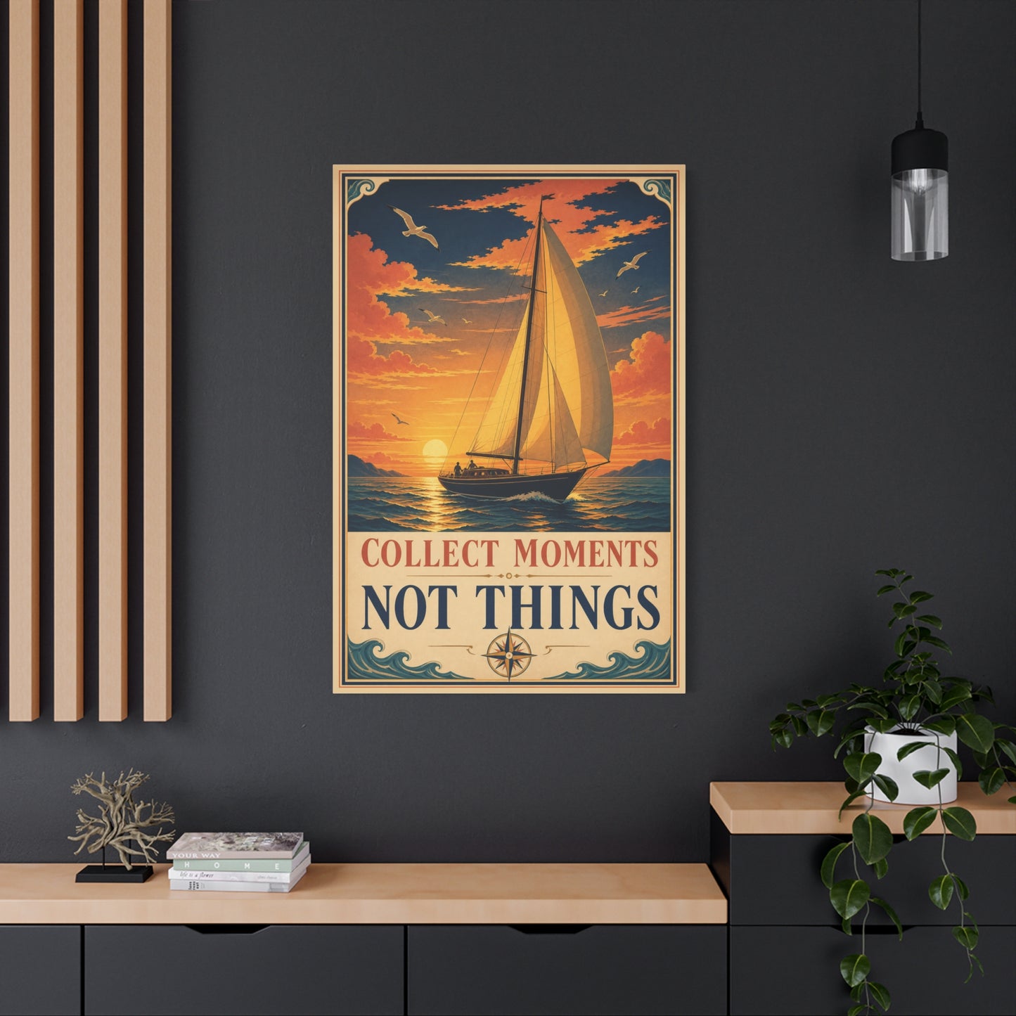 "Collect Moments Not Things" Sailboat Canvas Wall Art - Vintage Nautical Sunset Seascape, Inspirational Ocean Poster Style - Coastal Living Room Wall Decor, Bedroom Home Decoration - Ready to Hang