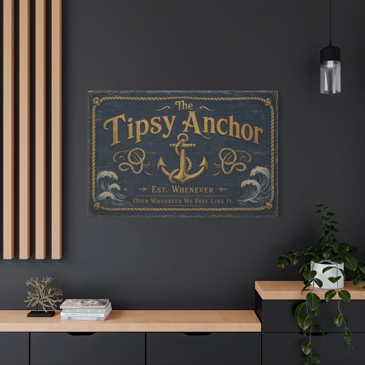 "The Tipsy Anchor" Canvas Wall Art - "Est. Whenever Open Whenever We Feel Like It." Nautical Anchor Sign, Vintage Coastal Wall Decor, Rustic Navy Gold Typography For Bar - Ready to Hang