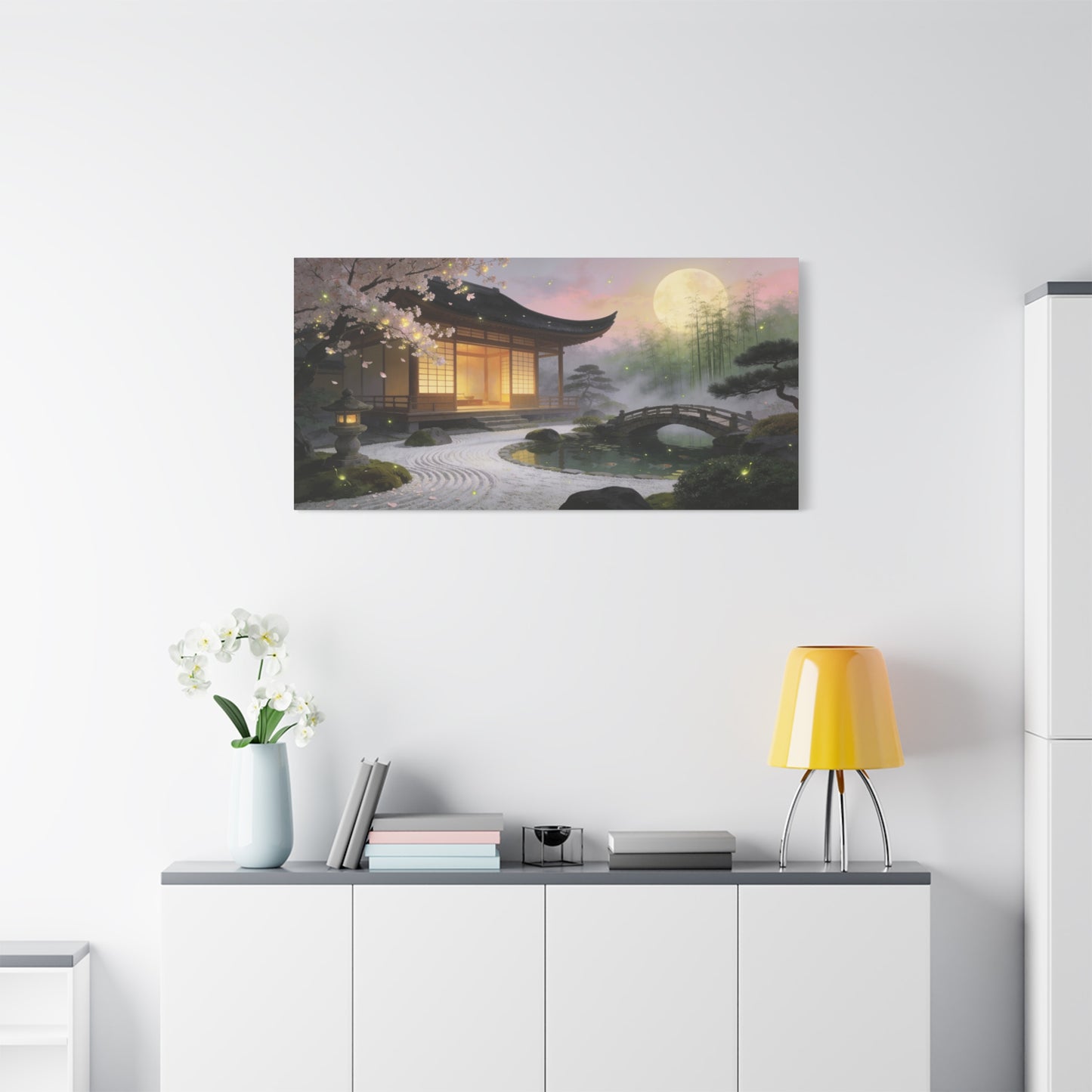 Japanese Zen Garden Canvas Wall Art - Moonlit Temple, Cherry Blossoms, Bamboo Mist - Serene Landscape Canvas Print - Traditional Style, Bedroom Wall Decor, Meditation Space - Bedroom Home Decoration