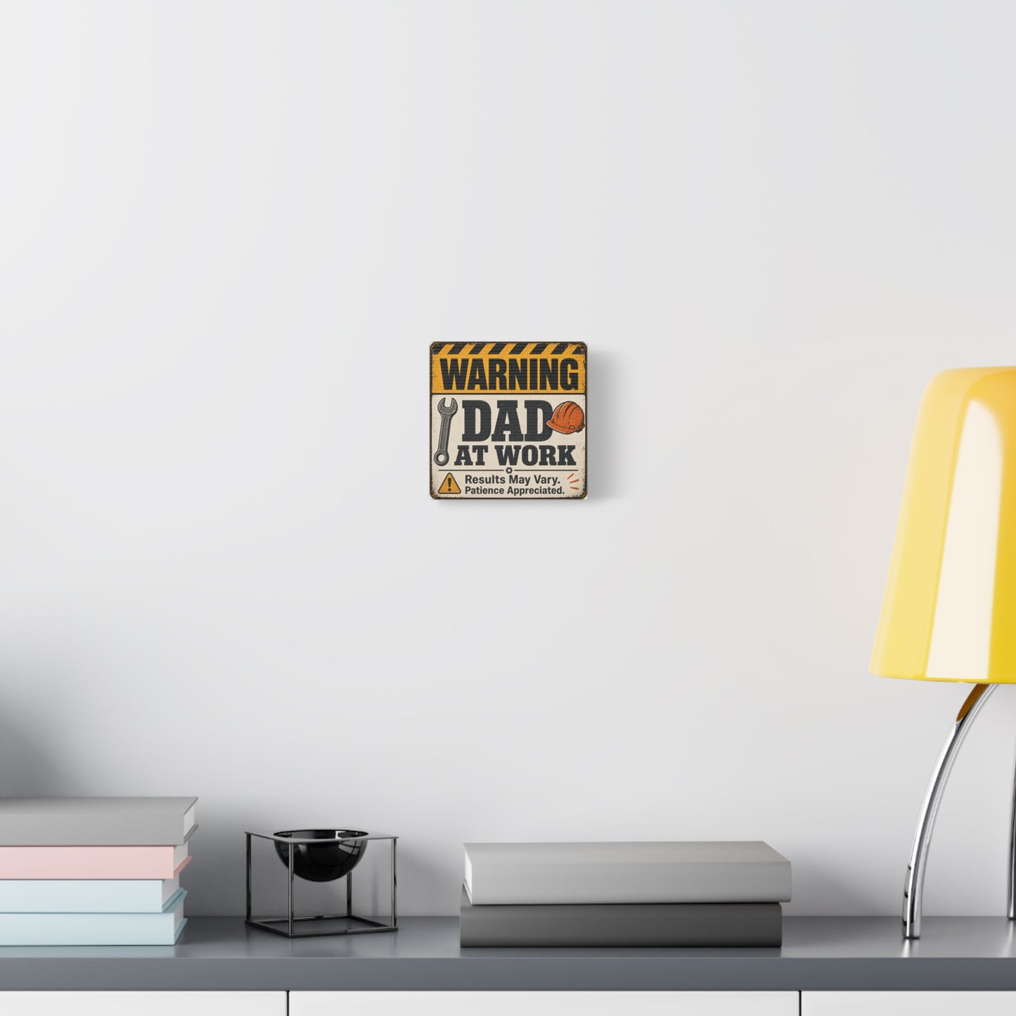"Warning Dad At Work Results May Vary Patience Appreciated" Canvas Wall Art - Vintage Construction Sign, Wrench And Hard Hat - Rustic Workshop Decor - Office Wall Art - Bedroom Home Decoration