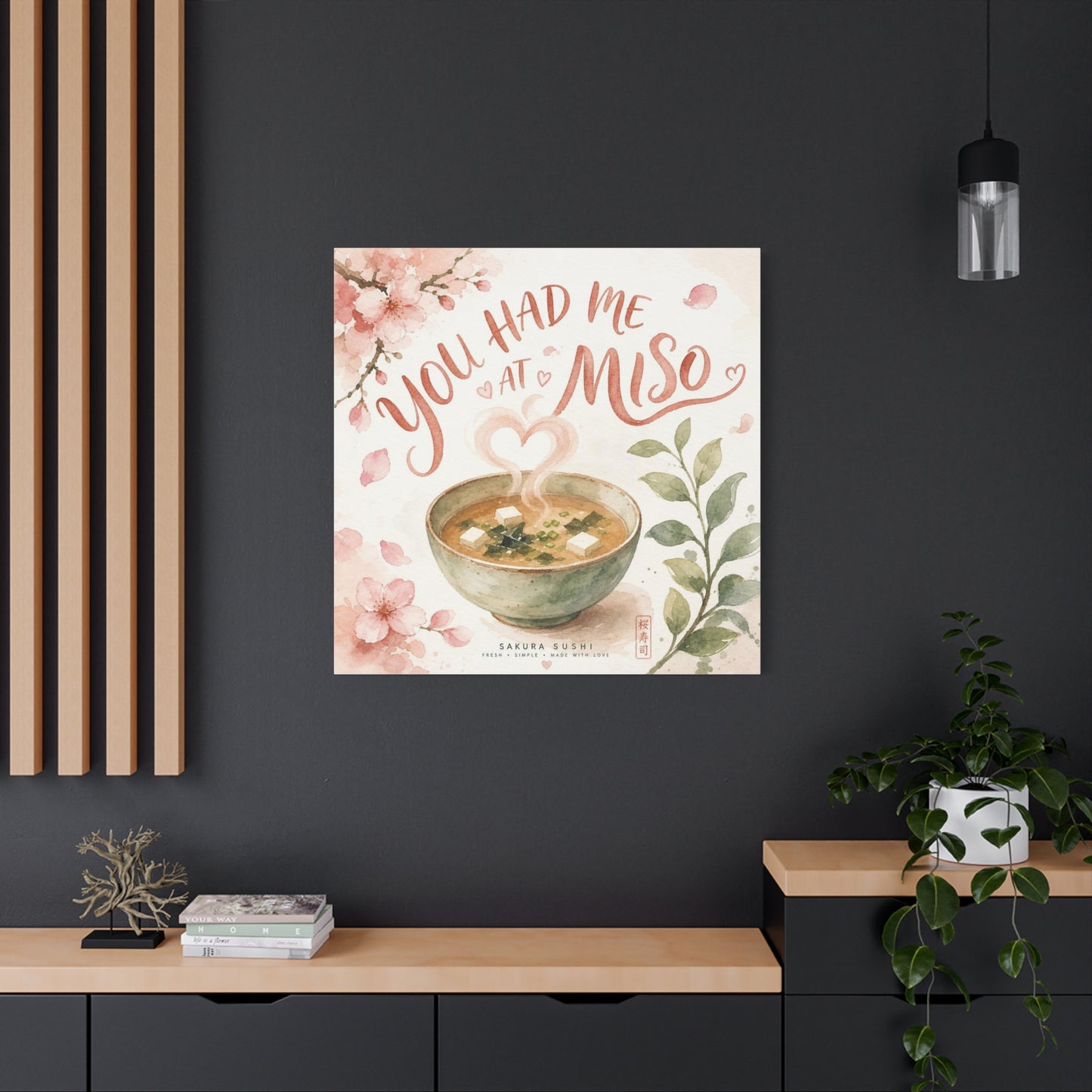 "You Had Me At Miso" Canvas Wall Art - Watercolor Soup Bowl, Cherry Blossom Typography - Japanese Food Illustration, Pink Botanical Style - Kitchen Wall Decor, Dining Room Accent - Ready to Hang