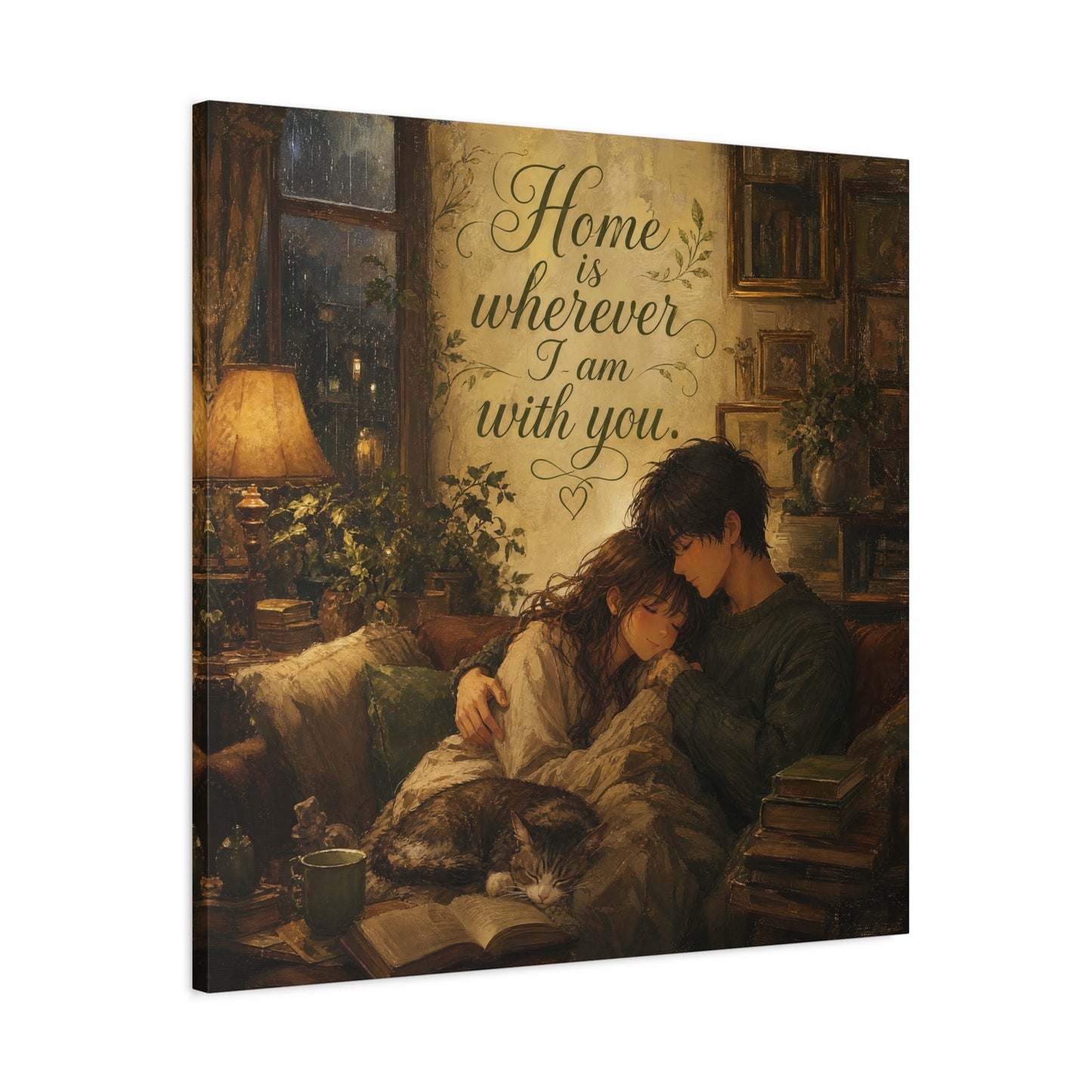 "Home Is Wherever I Am With You." Couple Canvas Wall Art - Romantic Cozy Reading Nook Quote Print - Vintage Warm Lamplight Style - Living Room Wall Decor, Bedroom Home Decoration - Ready to Hang