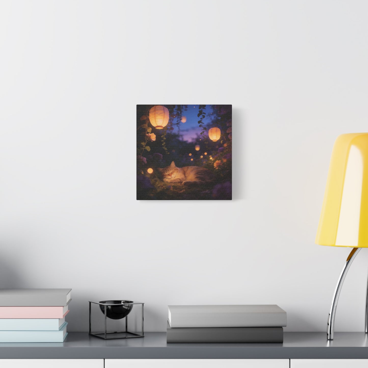 Sleeping Cat Canvas Wall Art - Lantern Lit Garden Night Scene, Dreamy Floral Canvas Print - Calming Cottagecore Style, Bedroom Wall Decor, Living Room Home Decoration - Bedroom Home Decoration
