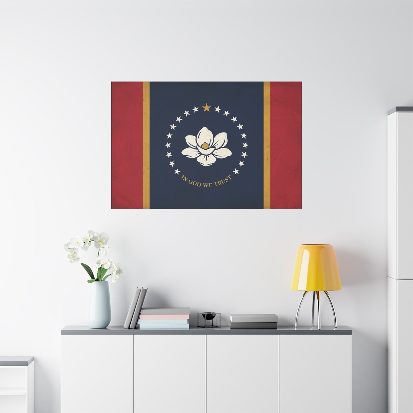 "In God We Trust" Mississippi State Flag Canvas Wall Art - Magnolia Emblem, Vintage Patriotic Decor - Rustic Americana Style - Living Room Wall Decor - Ready to Hang - Bedroom Home Decoration