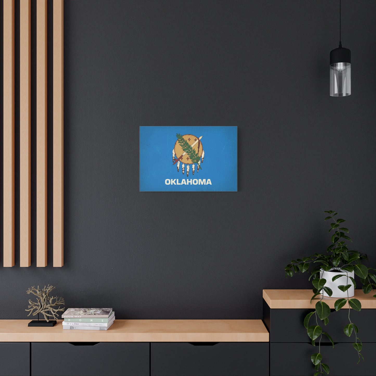 "OKLAHOMA" State Flag Canvas Wall Art - Vintage Blue Shield, Olive Branch And Peace Pipe Print - Rustic Americana Style - Living Room Decor, Office Wall Accent - Ready to Hang - Modern Farmhouse Style