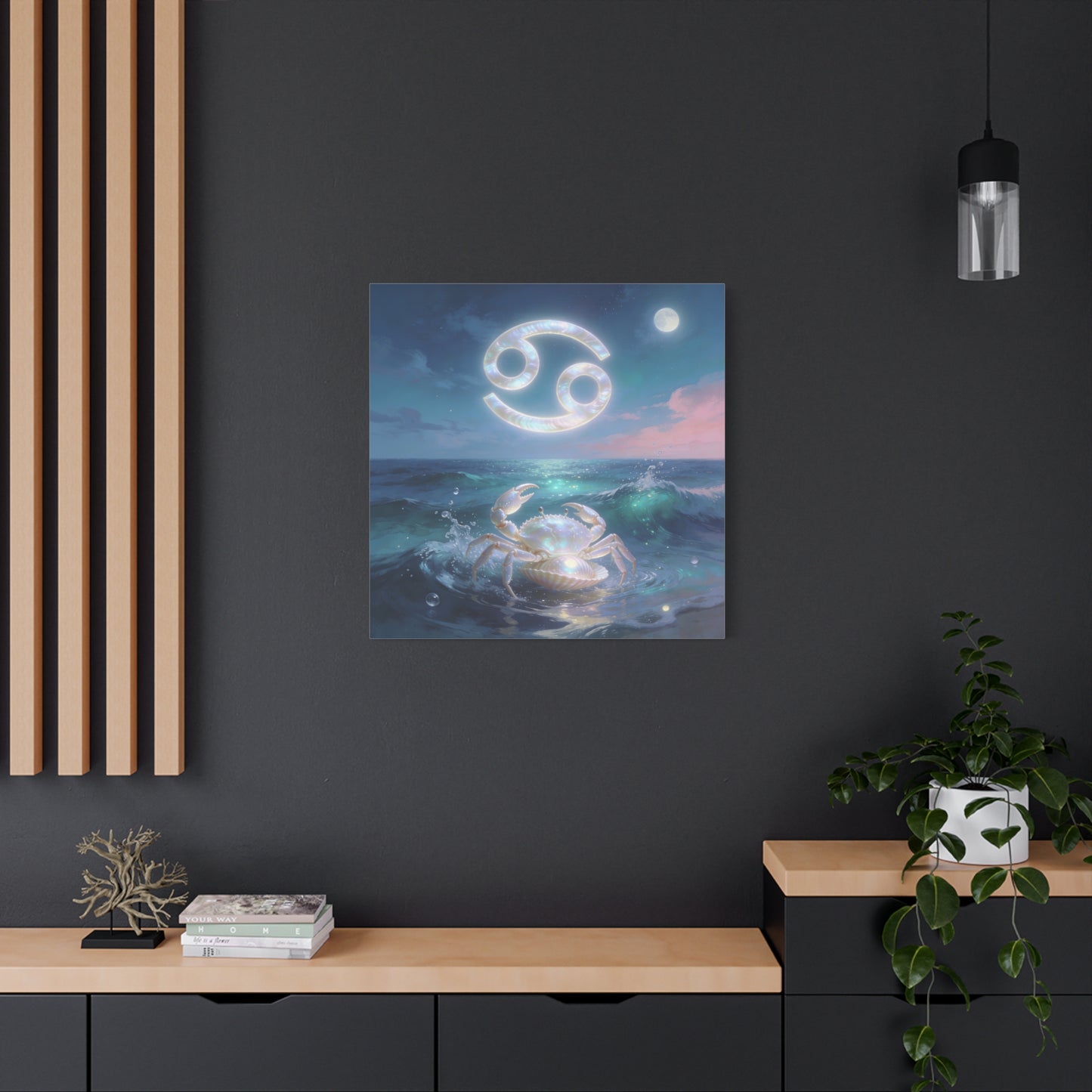 Cancer Zodiac Canvas Wall Art - Moonlit Ocean Crab, Iridescent Shell Symbol - Coastal Celestial Print, Dreamy Blue Seascape - Bedroom Home Decoration, Living Room Wall Decor - Bedroom Home Decoration