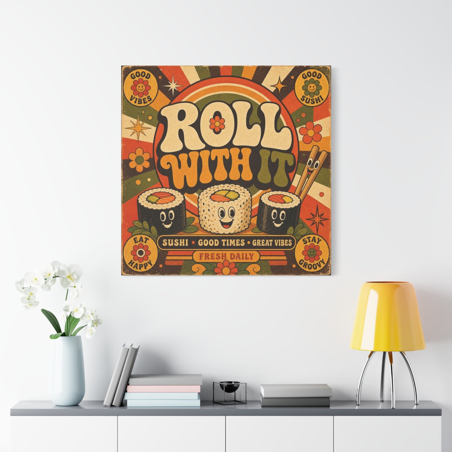 "Roll With It" Sushi Canvas Wall Art - Retro Typography Food Illustration, Groovy Orange Green Bohemian Print, Cafe Wall Decor, Kitchen Room Decoration, Vintage Poster Style - Bedroom Home Decoration