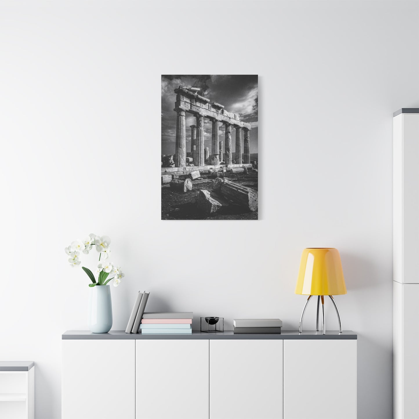 Ancient Greek Temple Ruins Canvas Wall Art - Black And White Architectural Art Print, Dramatic Sky, Vintage Classical Style - Living Room Wall Decor, Office Art Accent - Modern Farmhouse Style