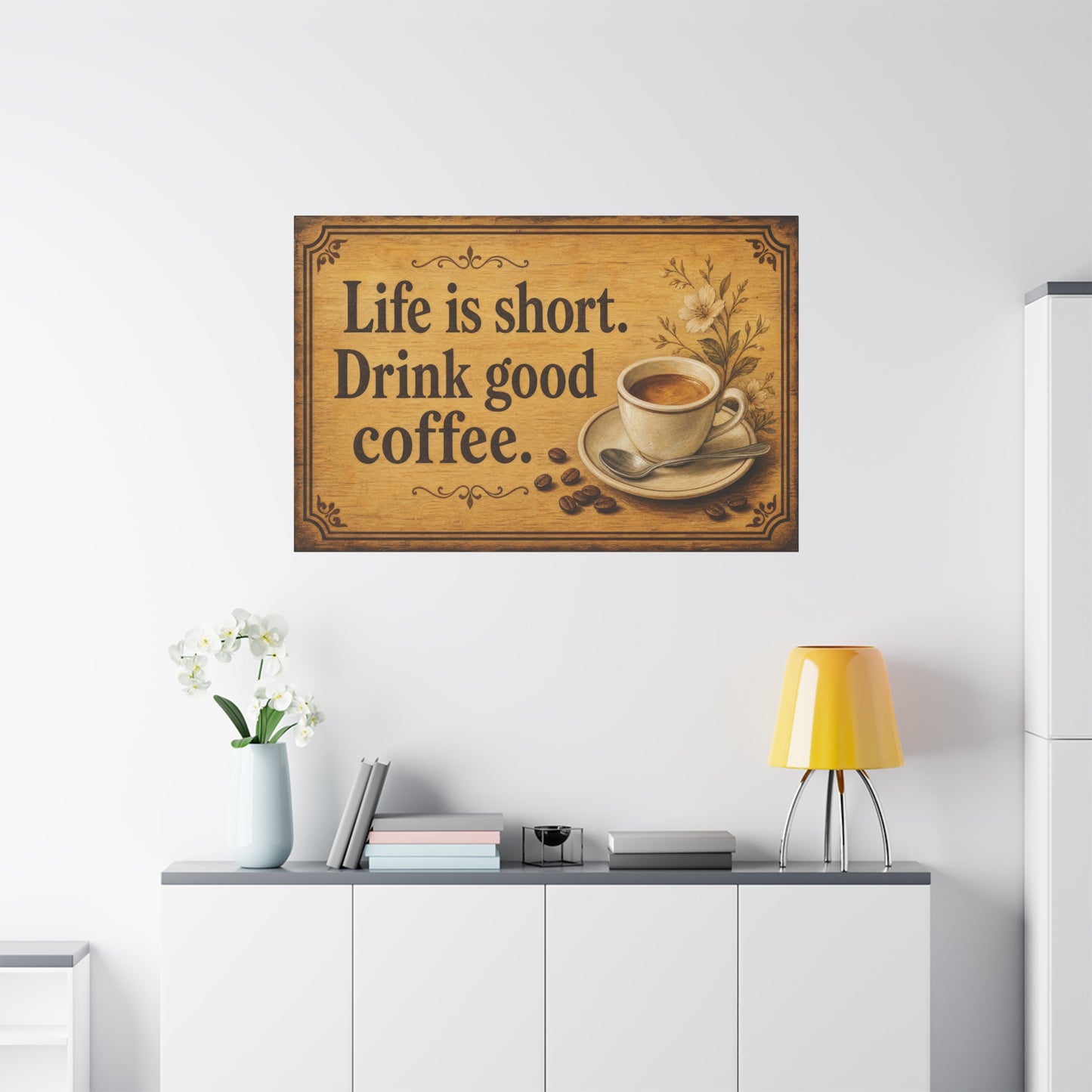 "Life Is Short. Drink Good Coffee." Coffee Canvas Wall Art - Vintage Kitchen Quote Print, Rustic Farmhouse Style, Espresso Cup Wall Decor, Dining Room Home Decoration - Bedroom Home Decoration