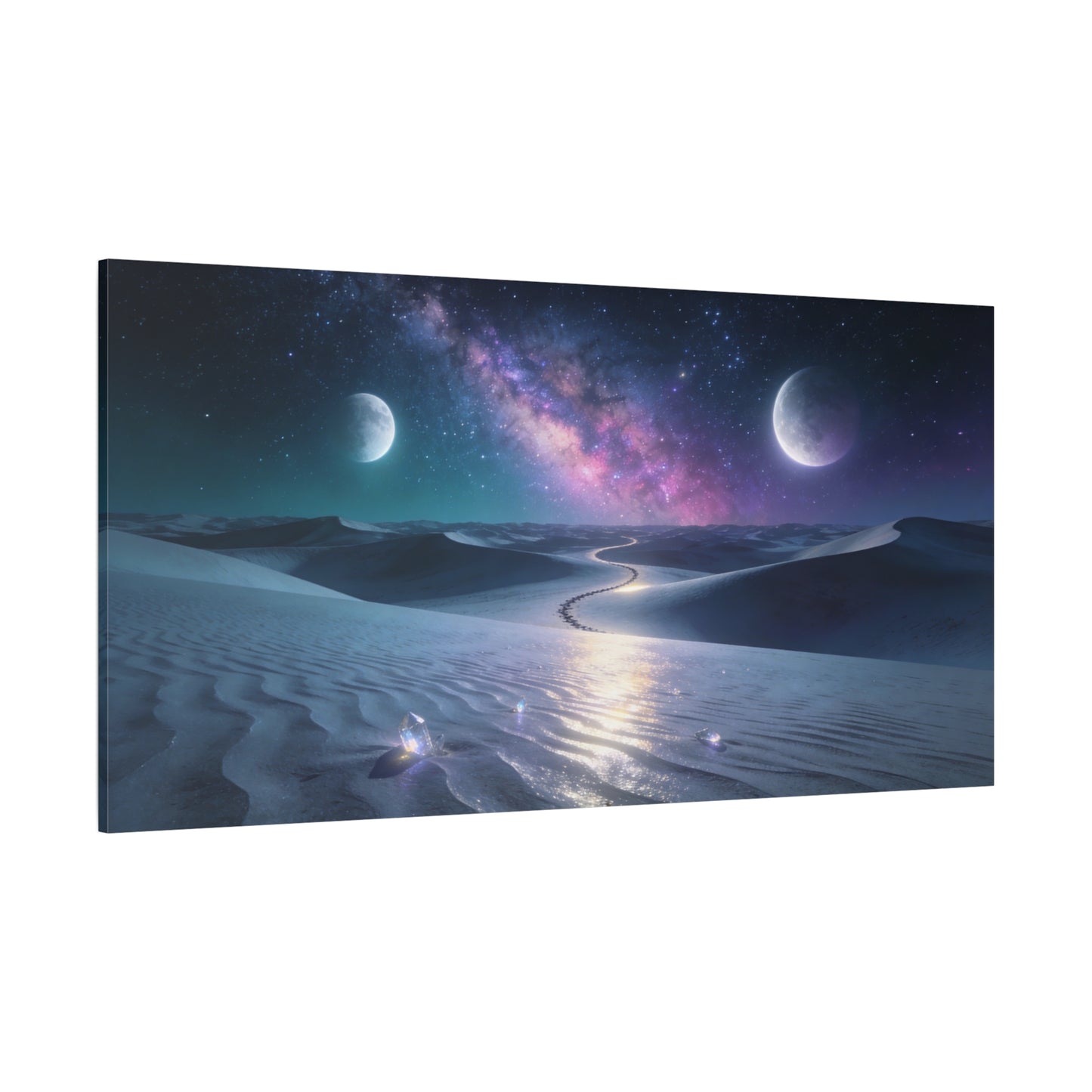 Celestial Desert Canvas Wall Art - Milky Way, Twin Moons, Luminous Dunes - Surreal Nightscape Cotton Print - Contemporary Style, Bedroom Home Decoration, Office Wall Decor - Bedroom Home Decoration