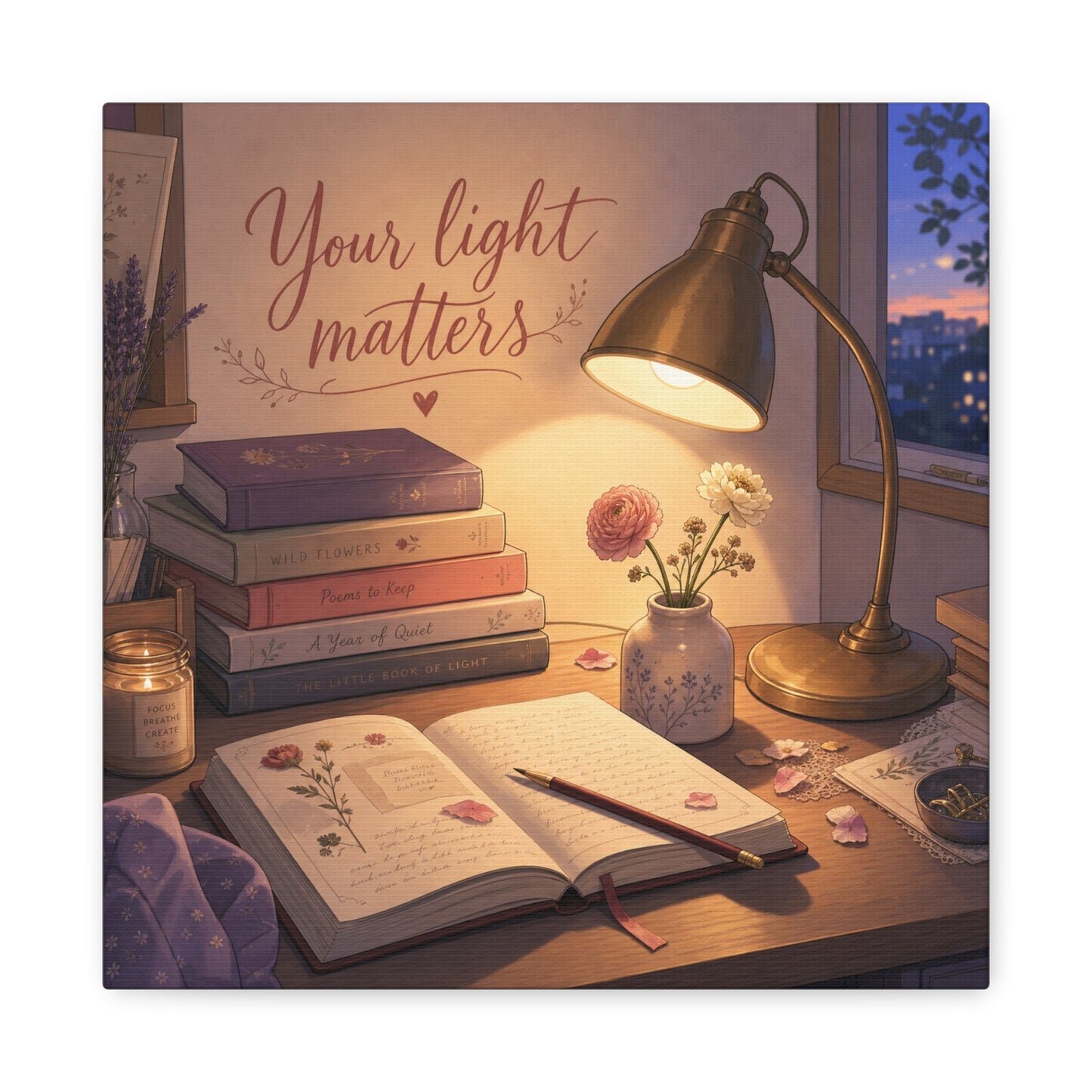 "Your Light Matters" Inspirational Canvas Wall Art - Cozy Desk Lamp Books Floral Print - Warm Vintage Bedroom Wall Decor - Reading Nook Home Decoration - Ready to Hang - Bedroom Home Decoration
