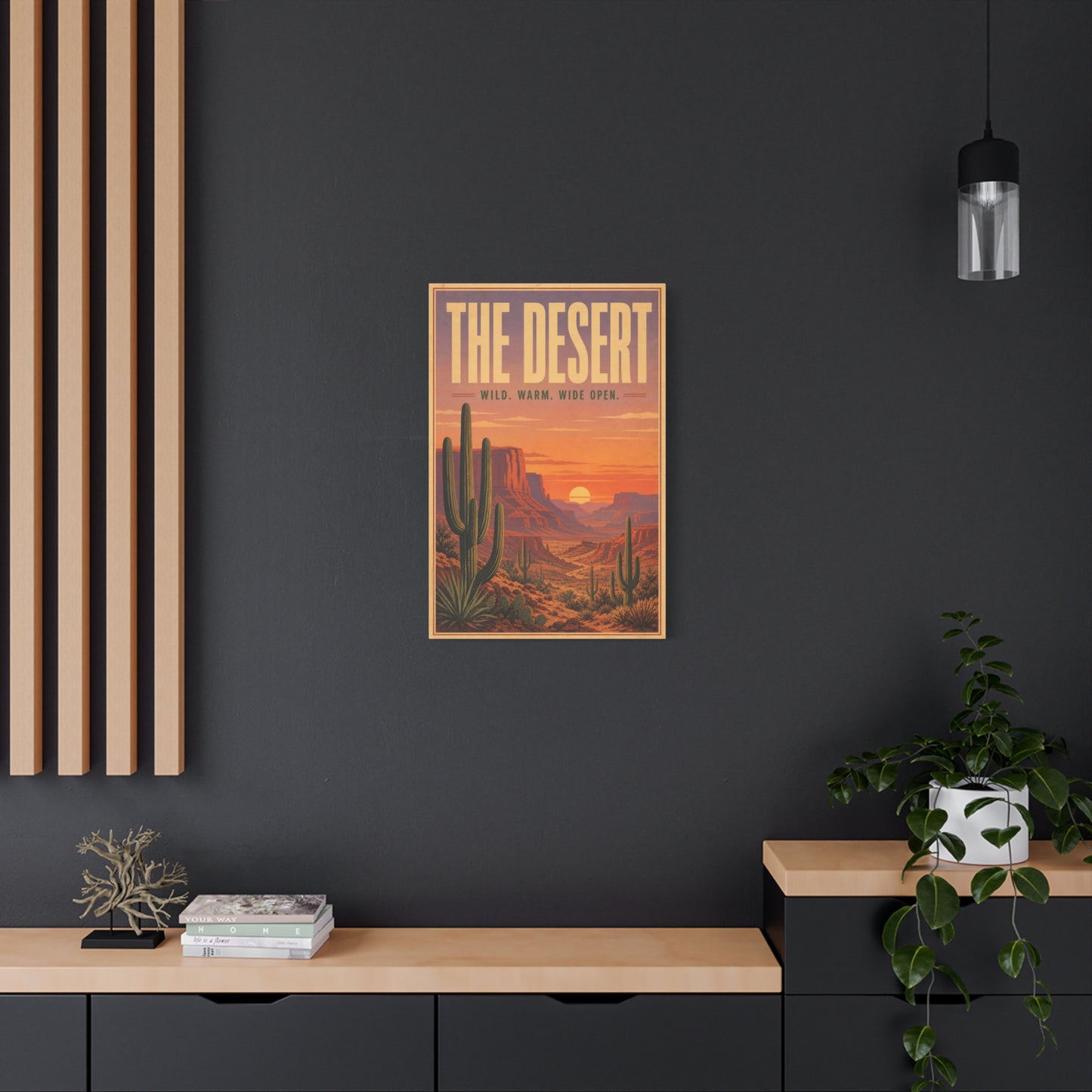 "The Desert" Wild. Warm. Wide Open. Desert Canvas Wall Art - Vintage Saguaro Sunset Canyon Landscape Print - Southwestern Wall Decor - Living Room Home Decoration, Office Accent - Ready to Hang