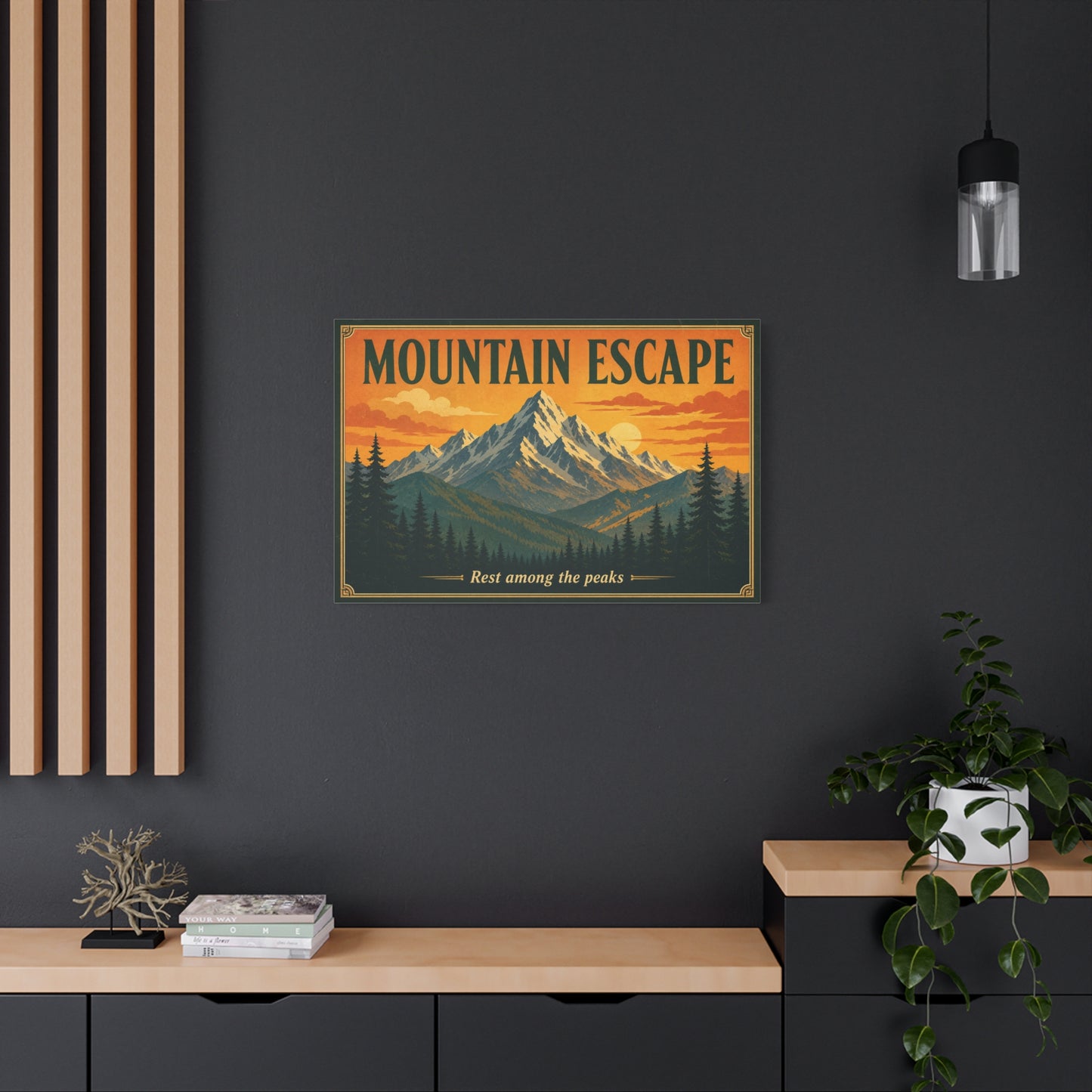 "Mountain Escape" Canvas Wall Art - Vintage Mountain Landscape Print, Sunset Pine Forest Poster Style - "Rest Among The Peaks" - Rustic Cabin Wall Decor, Living Room Home Accent - Ready to Hang