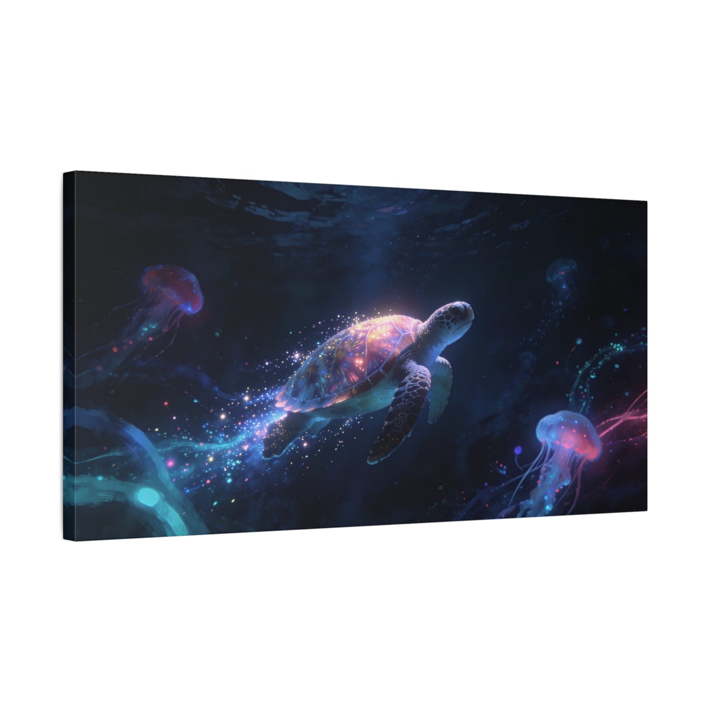 Sea Turtle Canvas Wall Art - Glowing Underwater Jellyfish Ocean Scene, Fantasy Marine Canvas Print - Contemporary Blue Seascape - Living Room Wall Decor, Bedroom Home Accent - Bedroom Home Decoration
